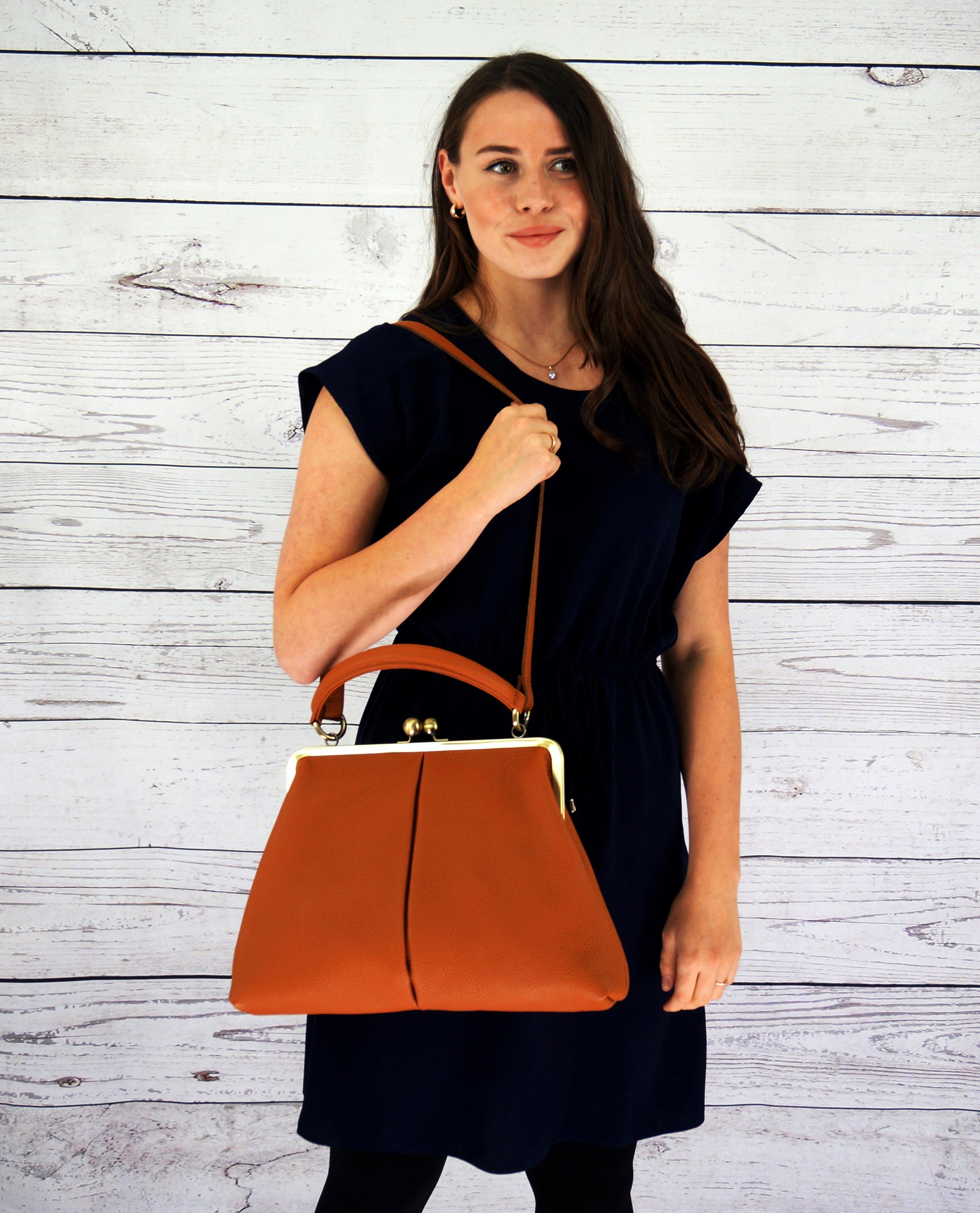 Taschenkinder Henkeltasche Vintage Leder Handtasche "Olivia", Echtes Leder, Tasche im Vintage Stil und mit Bügelverschluss