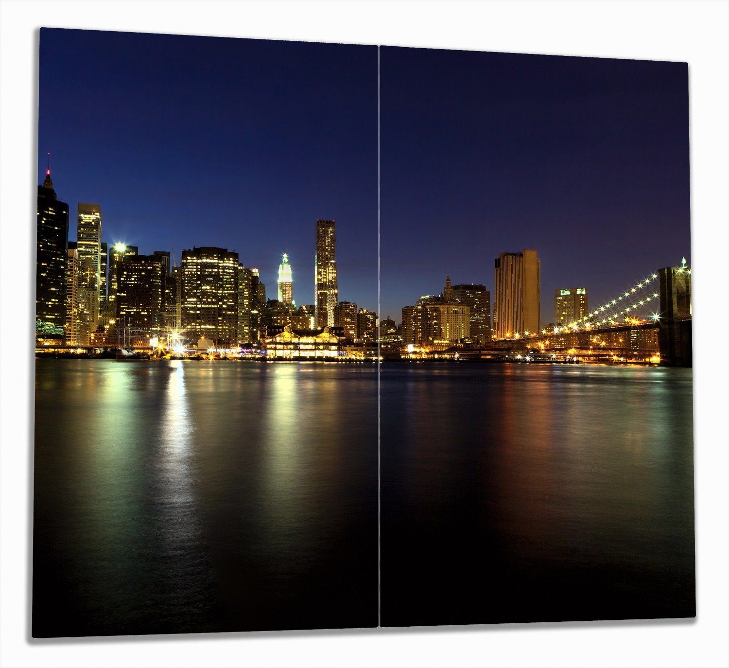 Wallario Herd-Abdeckplatte New York Skyline - Brooklyn Bridge und Manhattan am Abend, ESG-Sicherheitsglas, (Glasplatte, 2 tlg., inkl. 5mm Noppen), verschiedene Größen