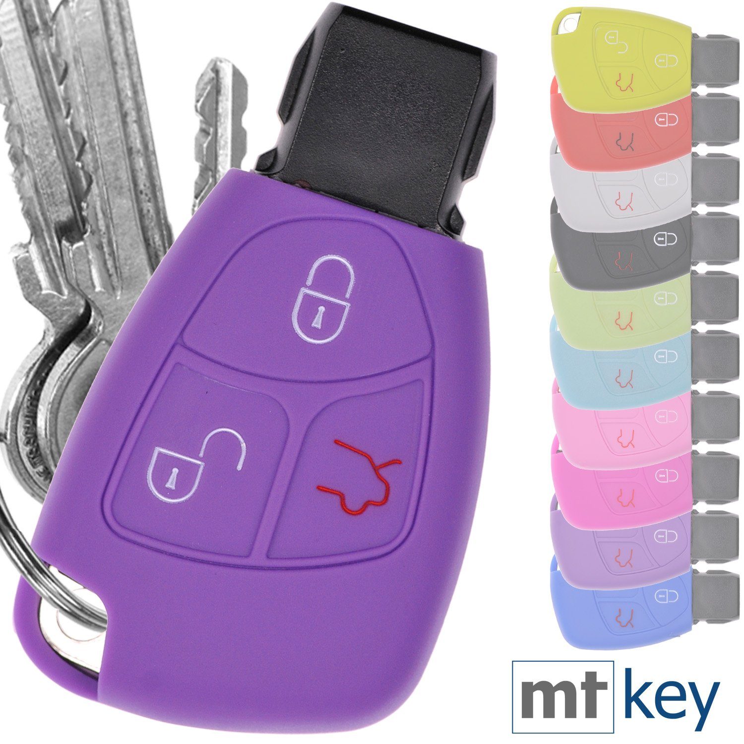 mt-key Schlüsseltasche Autoschlüssel Softcase Silikon Schutzhülle Lila, für Mercedes Benz W204 W245 S203 A209 C-Klasse CLK SLK W211 W203 W175 | Schlüsseltaschen