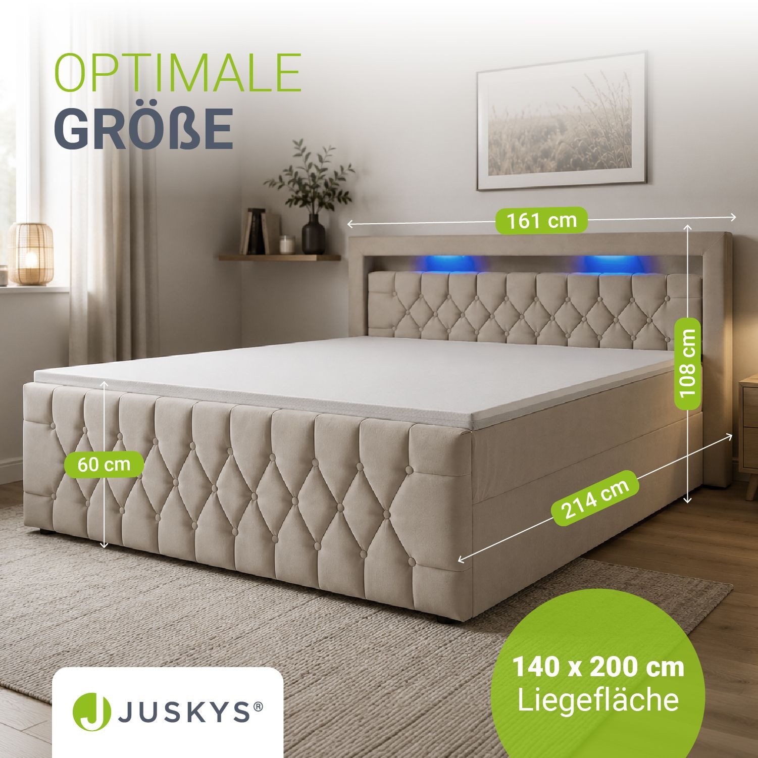 Juskys Polsterbett Leona, 140x200 cm, Boxspringbett-Optik, Samt-Bezug, LED-Licht, H4 Matratze