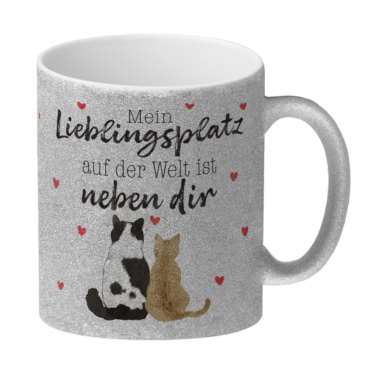 Tasse Katzenpaar Glitzer Kaffeebecher mit Spruch Mein Lieblingsplatz ist
