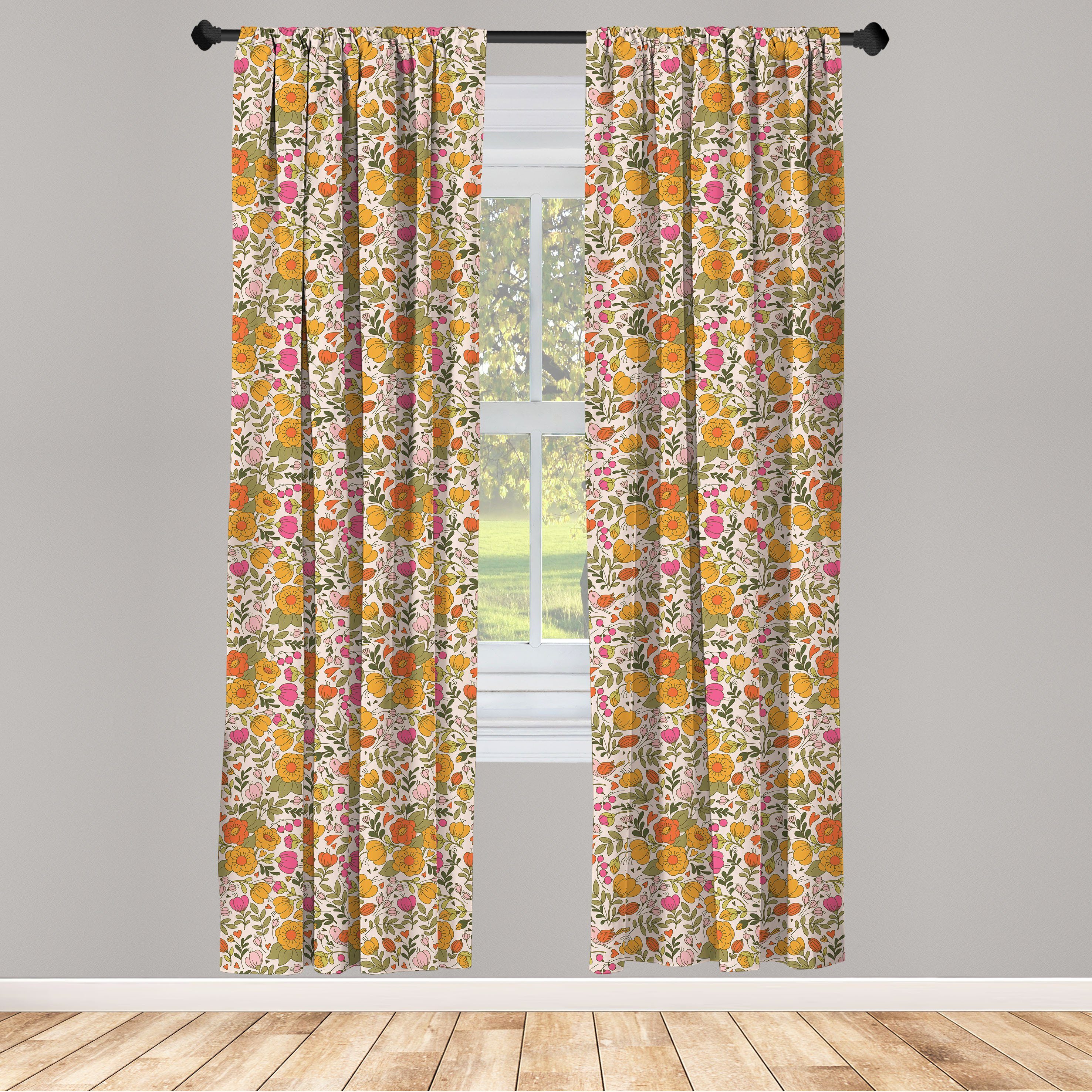 Gardine Vorhang für Wohnzimmer Schlafzimmer Dekor, Abakuhaus, Microfaser, Blumen Frühlings-Thema Blumen Vögel