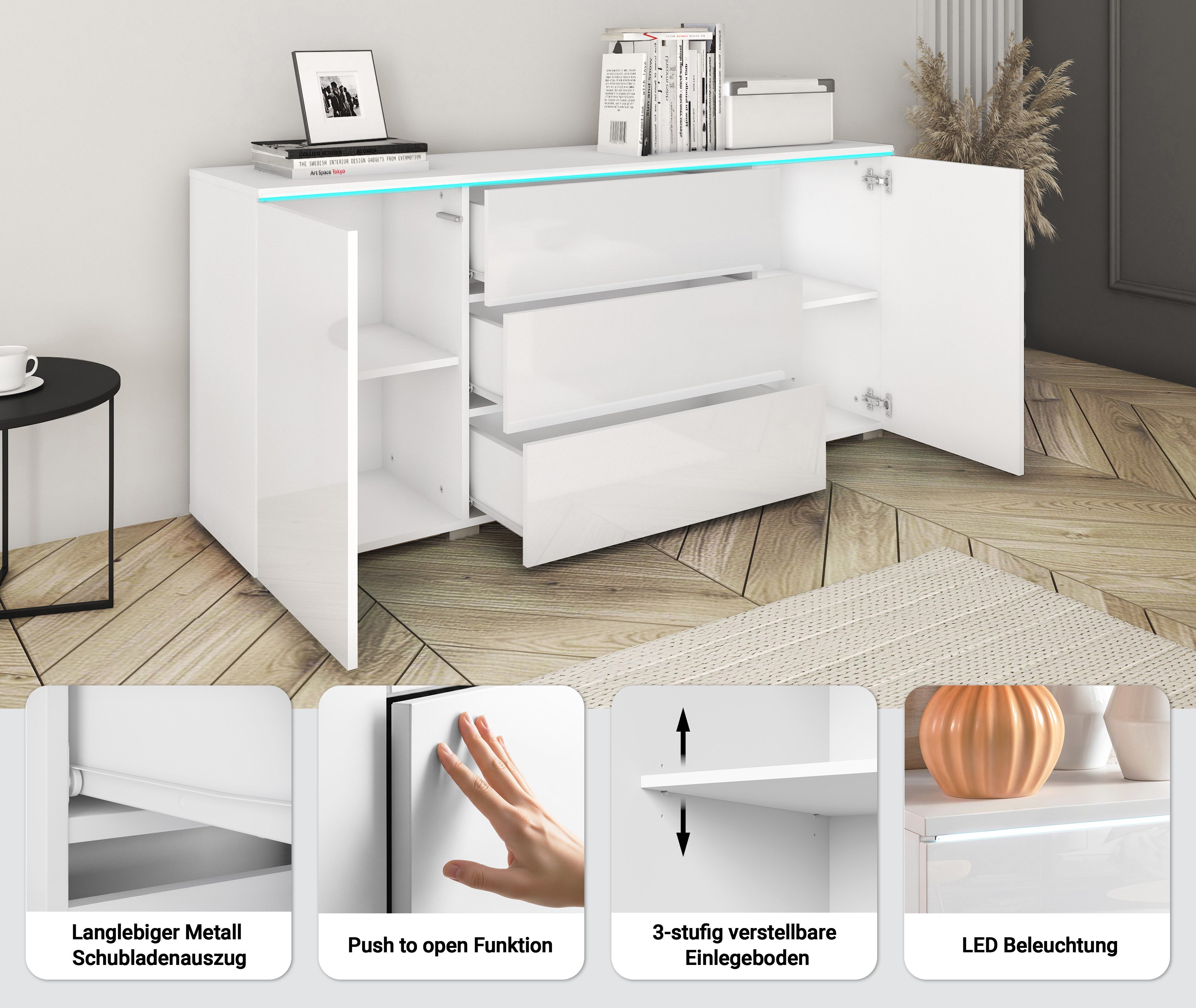 Home affaire Sideboard VERA, grifflos, verstellbare Einlegeböden, Wahlweise mit oder ohne Beleuchtung