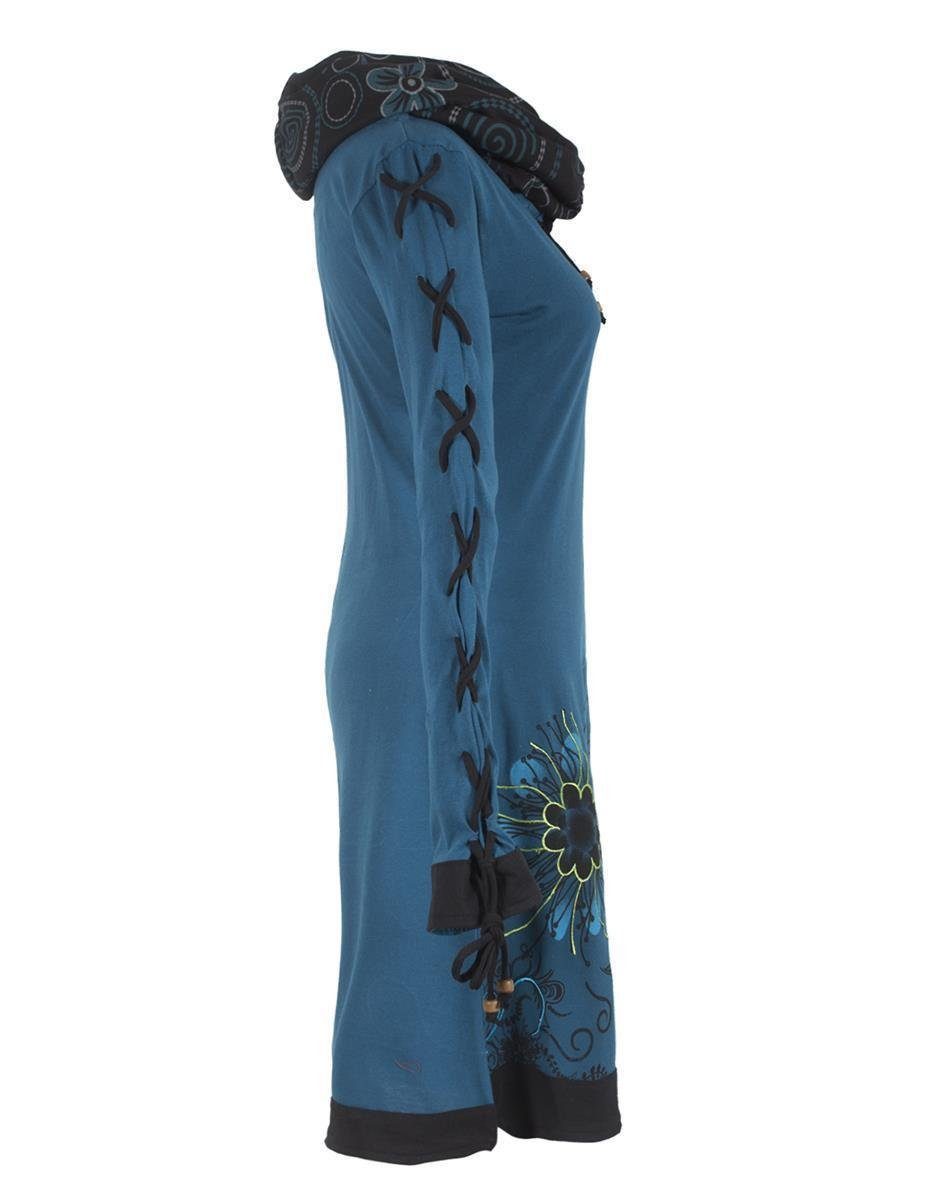 Ethno, - türkis Boho, Style Midikleid Vishes Schnüren Goa Bedrucktes mit Schalkragen Hippi, Kleid Blumen