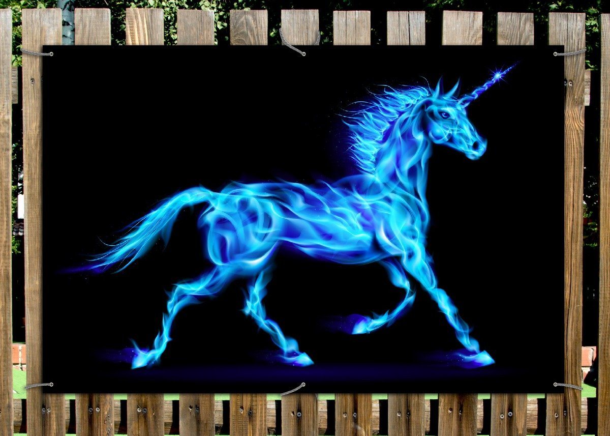 Thumbnail - Wallario Sichtschutzzaunmatten Design Einhorn - aus blauen Flammen