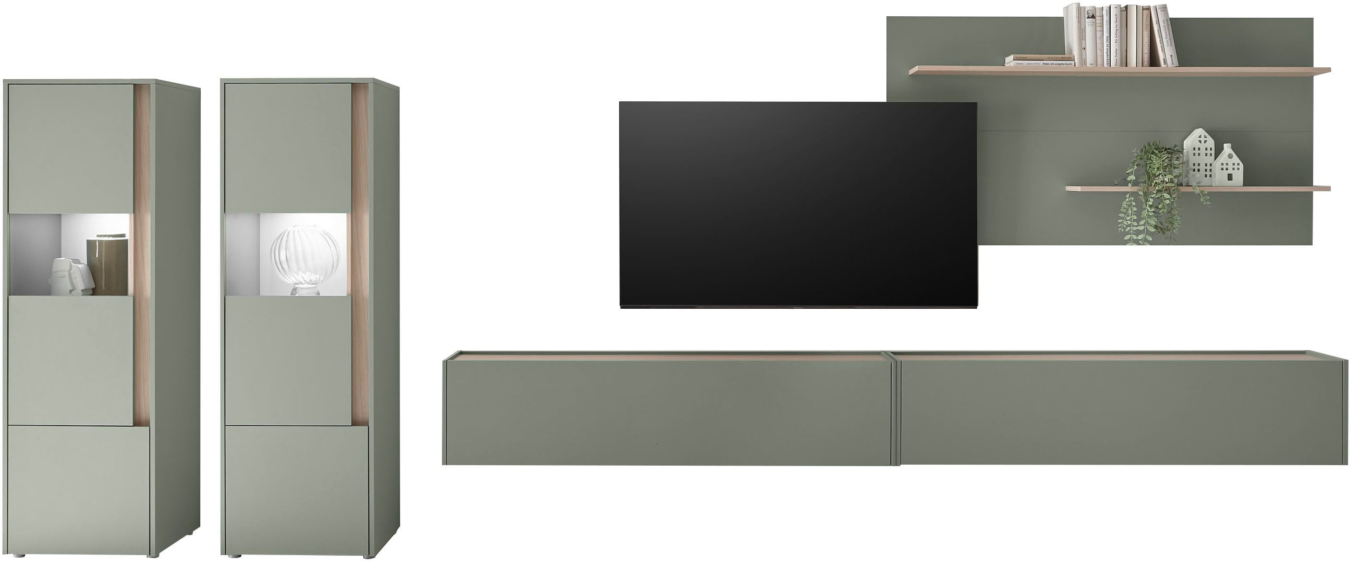 Home affaire Wohnwand City/Giron, moderne Anbauwand, Komplettset in vielen Farben verfügbar, (Set, 5-St), enthält zwei Vitrinen, zwei Hängeschränke & ein Wandboard