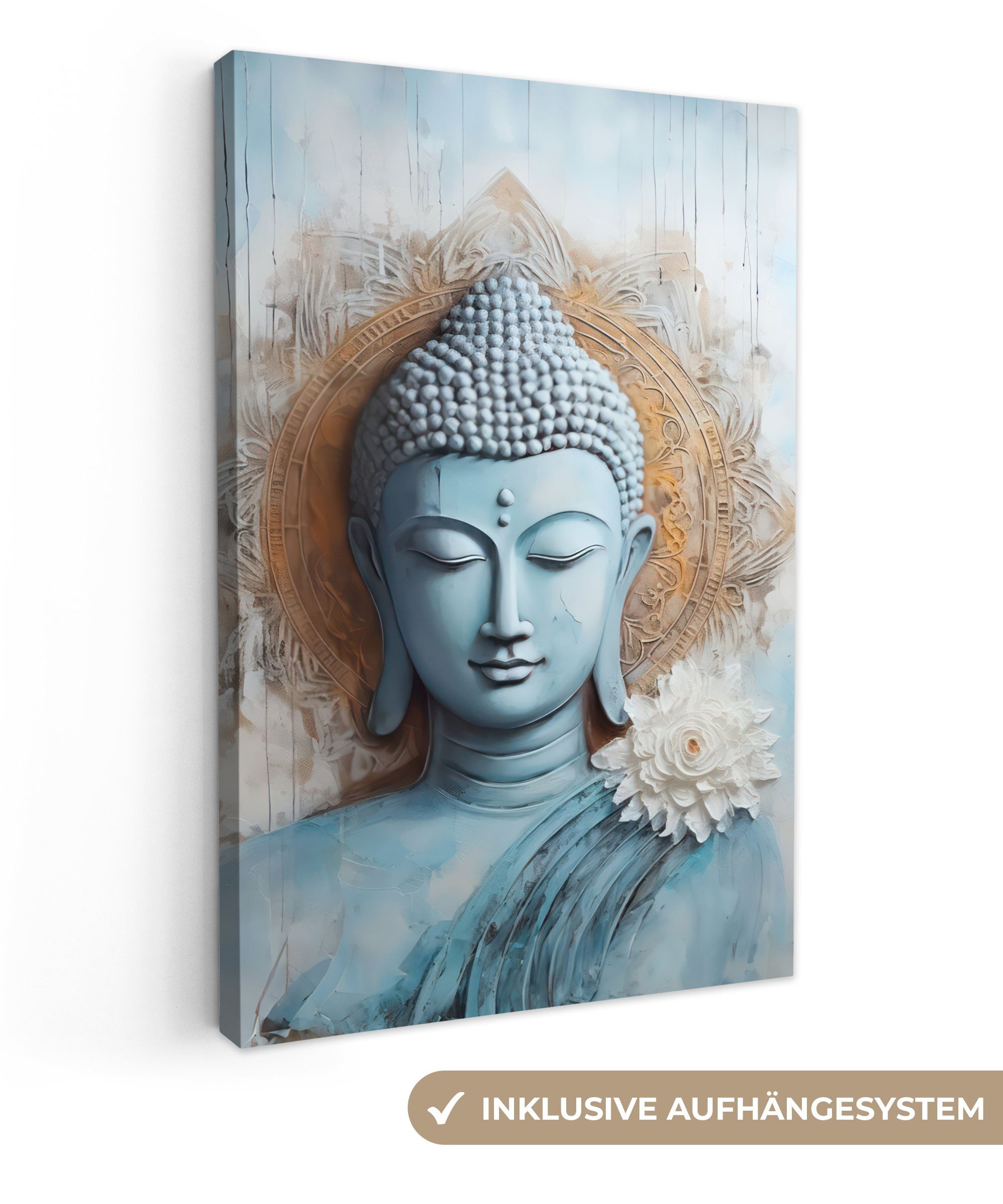 OneMillionCanvasses® Leinwandbild Buddha - Statue - Blau - Braun - Blume, (1 St), Leinwandbild fertig bespannt inkl. Zackenaufhänger, Gemälde, 20x30 cm | Leinwandbilder