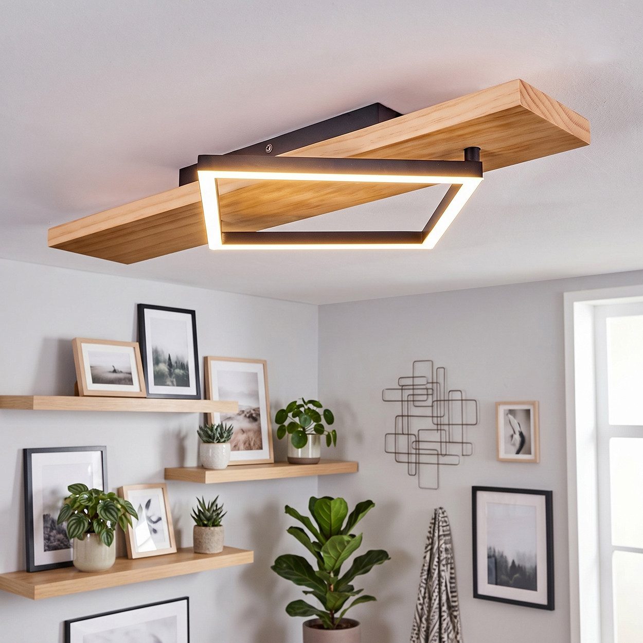 hofstein Deckenleuchte Deckenlampe aus Metall/Holz/Kunststoff in Naturfarben/Schwarz/Weiß, ohne Leuchtmittel, 3000 Kelvin, Leuchte im modernen Design, 13 Watt, 1750 Lumen, 3000 Kelvin