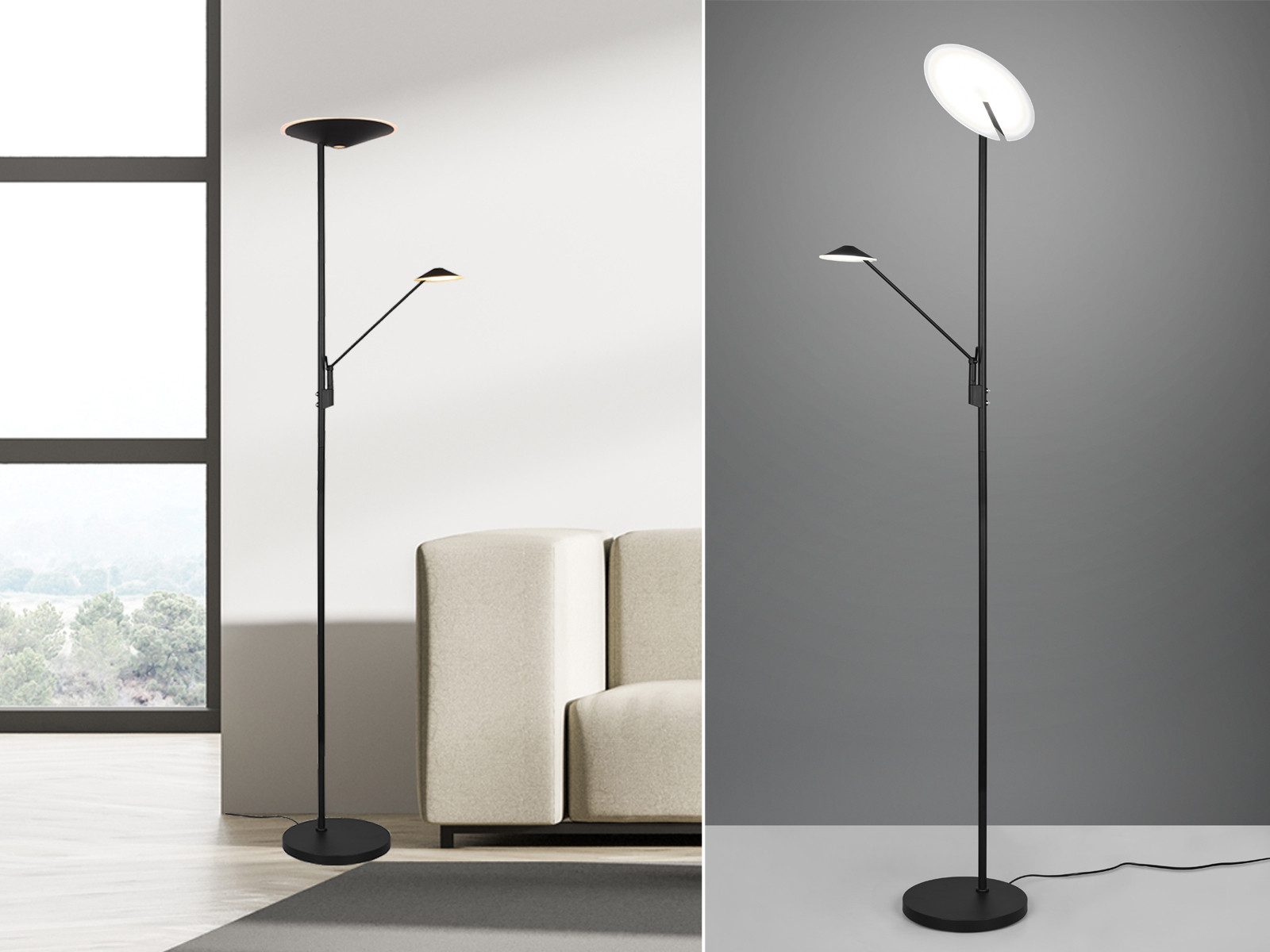 TRIO Leuchten LED Deckenfluter, Memoryfunktion Dimmfunktion, LED fest integriert, Stufenlos dimmbar über Sensordimmer., Warmweiß, Neutralweiß, Große Stehlampe mit Lese-Lampe, Lichttemperatur einstellbar, H: 180cm