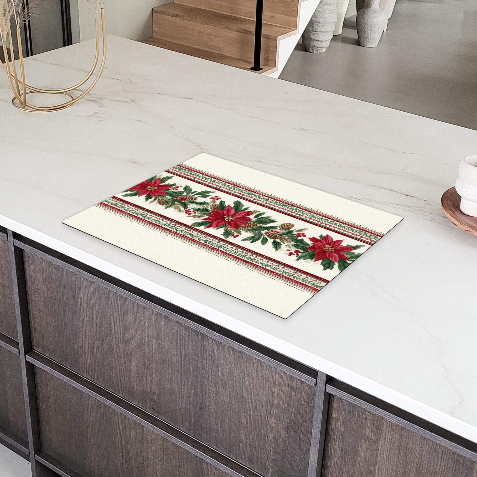 MuchoWow Herd-Abdeckplatte Weihnachtsstreifen - Weihnachtsstern - Rot - Grün, Vinyl, (1 tlg), Küche Herdabdeckung Ceranfeld Induktionsfeld Vinyl, 65x50 cm