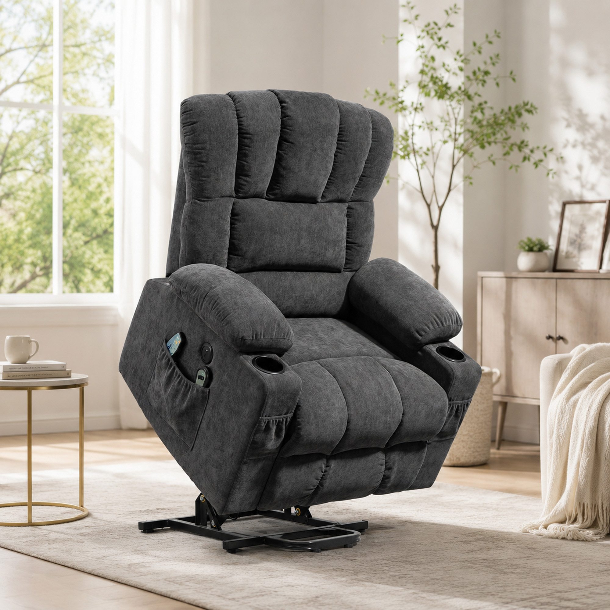 HOMCOM Massagesessel TV Ssessel mit Liege- und Massagefunktion, Fernbedienung (Relaxsessel, 1-St., Fernsehsessel), mit Typ-C- und USB-Anschlüssen, Becherhalter, Dunkelgrau