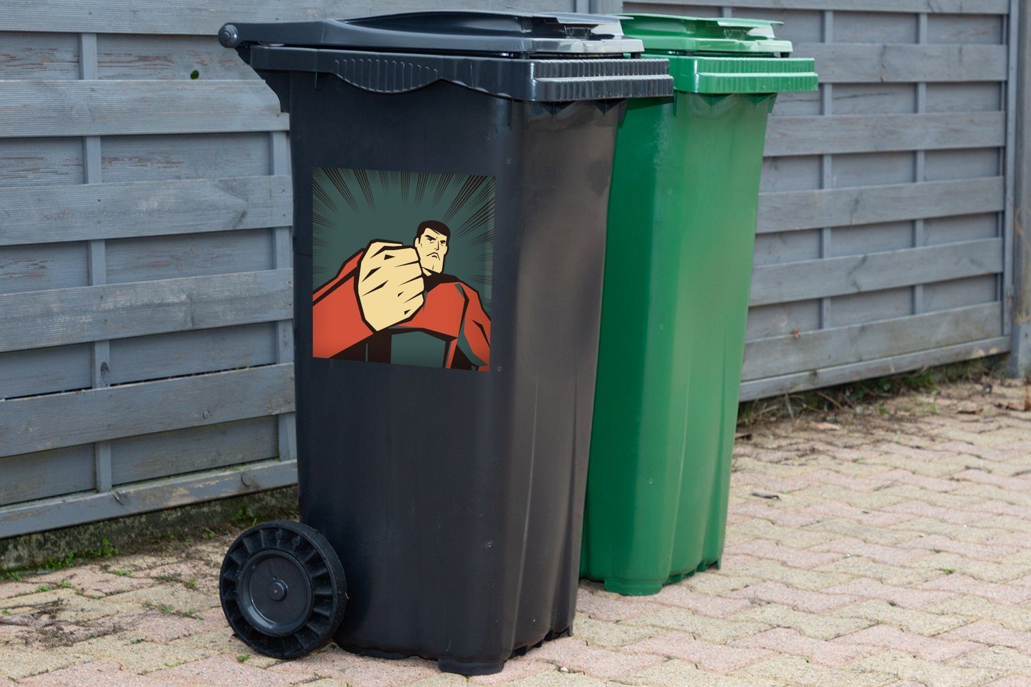 Illustration Abfalbehälter Faust Container, eines Superhelden - - Mülltonne, Jungen erhobener (1 MuchoWow Mülleimer-aufkleber, Eine mit Sticker, St), Wandsticker
