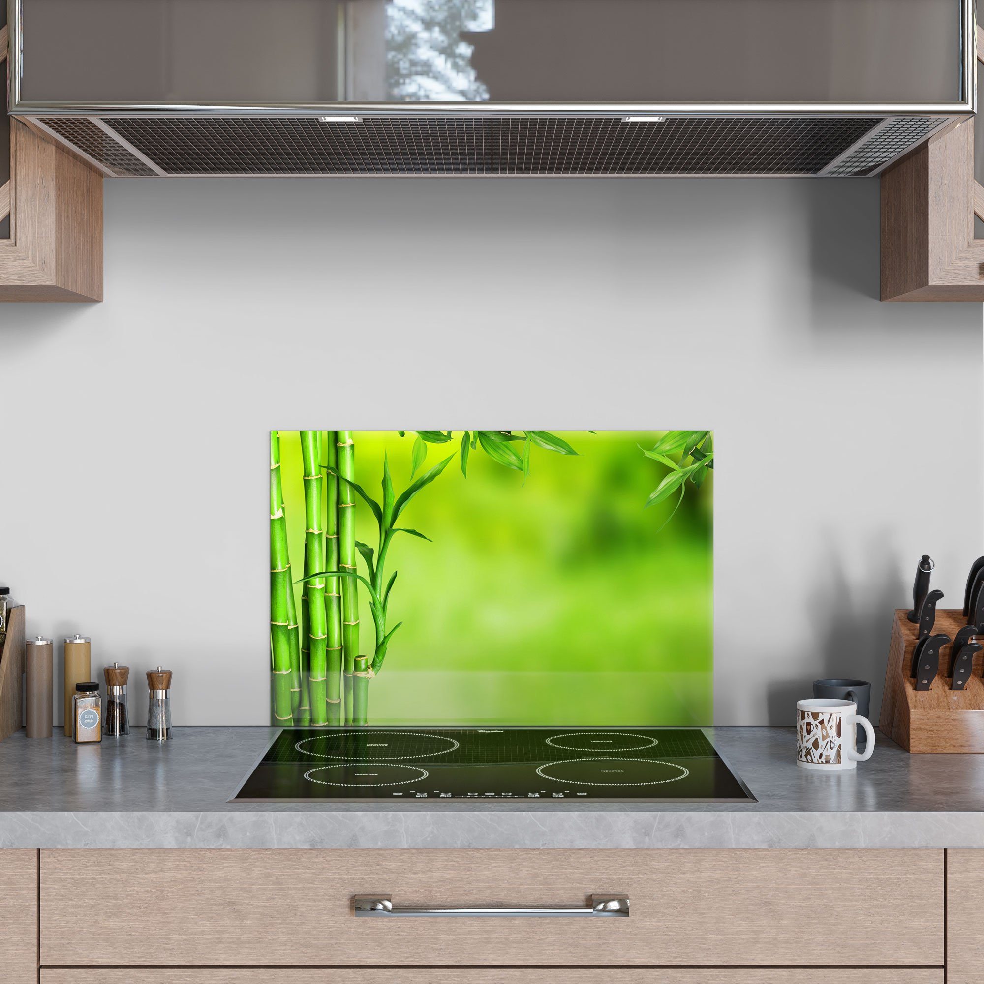 Spritzschutz DEQORI Badrückwand Küchenrückwand Bambushalme', Herdblende Glas 'Grüne
