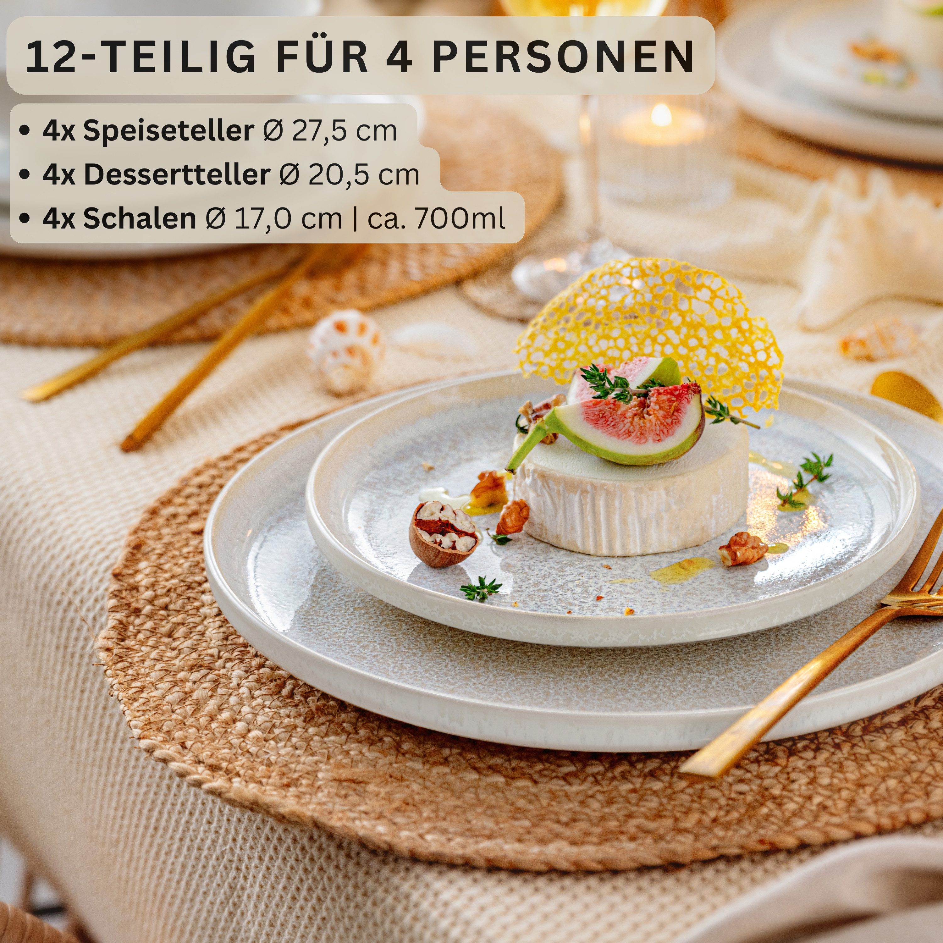 SÄNGER Geschirr-Set Korfu Geschirrset (12, 16, 24, 36 Teile) (12-tlg), 4 Personen, Steingut, Creme Beige, Handmade Premium Collection