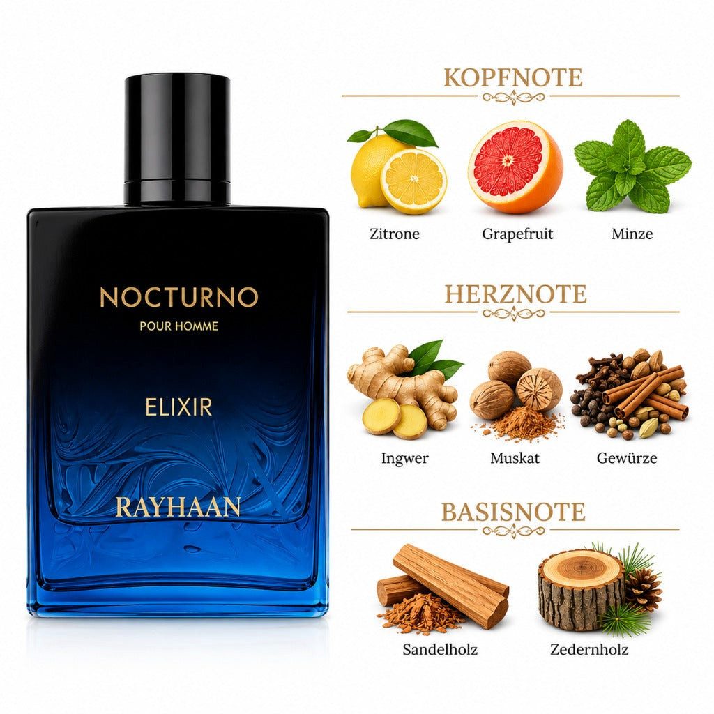 Rayhaan Duft-Set Nocturno Elixir EDP 100 ml + Parfümzerstäuber (leer)