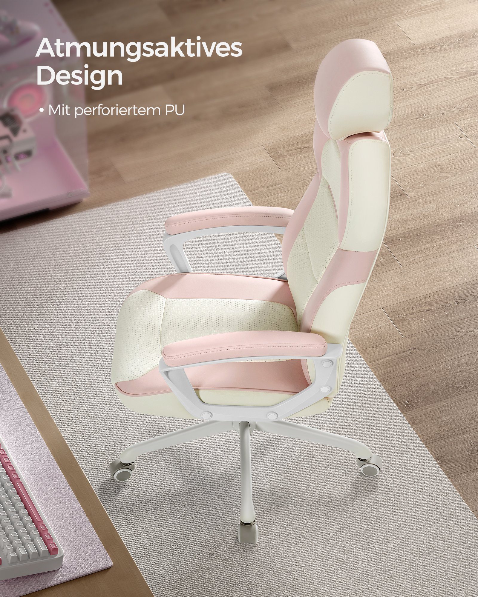 PU, Bürostuhl, Kopfstütze verstellbare Schreibtischstuhl, SONGMICS Wippfunktion, rosa