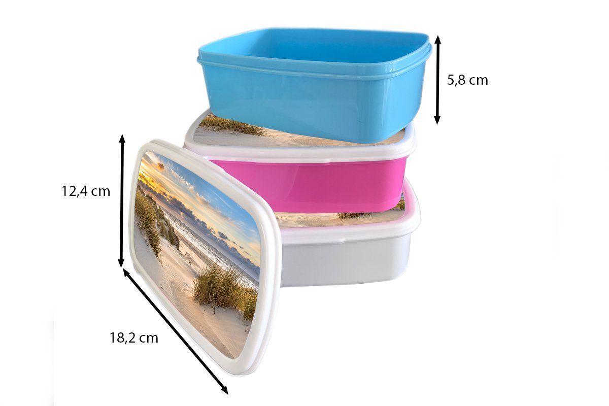 (2-tlg), Brotdose - Kinder, Erwachsene, - Mädchen, Gras Lunchbox Sonnenuntergang Strand rosa Snackbox, für Meer, Kunststoff - - Brotbox MuchoWow Kunststoff, Düne