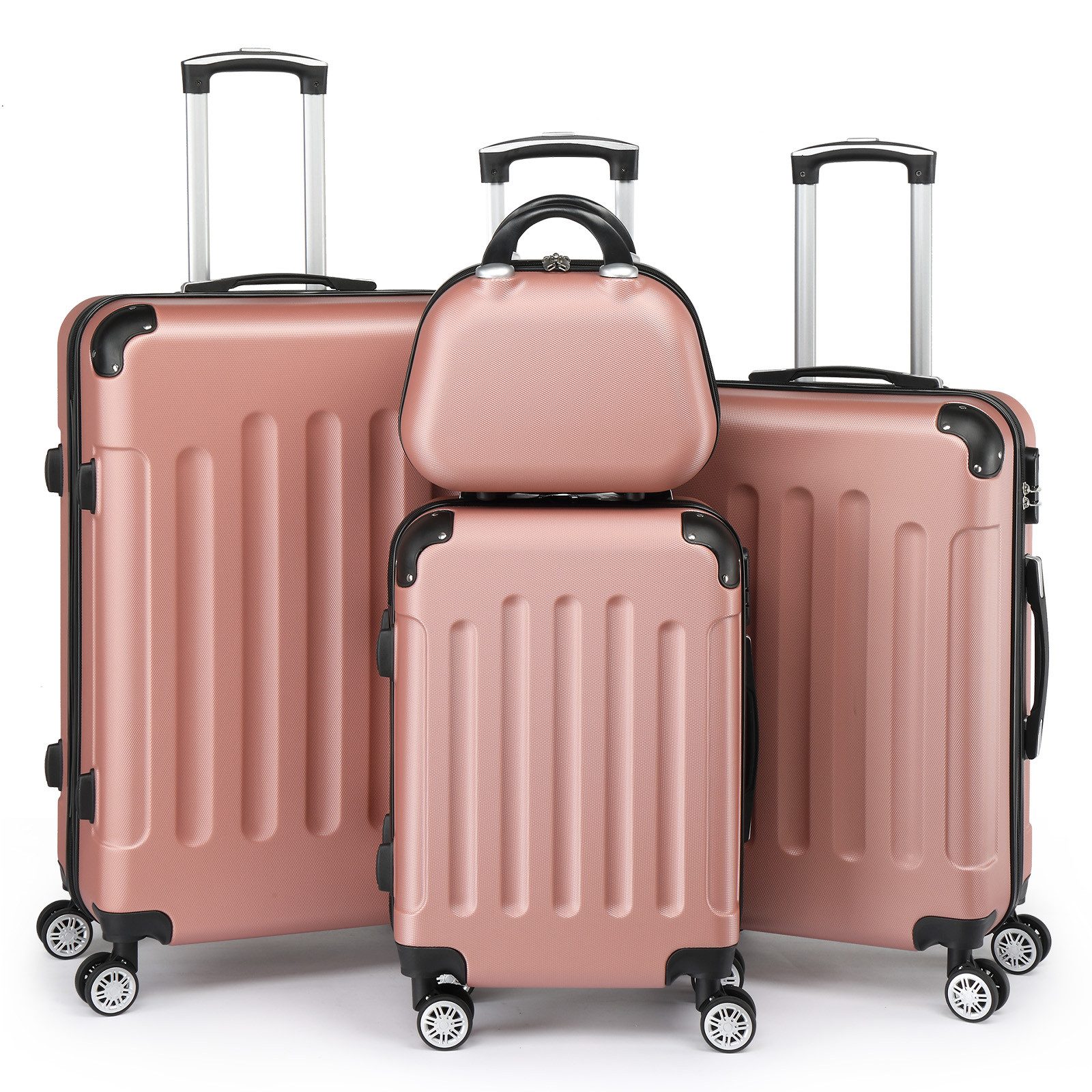 LALAHO Trolleyset Reisekoffer Set Hartschalenkoffer Trolley mit 360° Rollen, 4 Rollen, (4 tlg), Koffer Set aus ABS mit Kosmetikkoffer, Handgepäck, Roségold