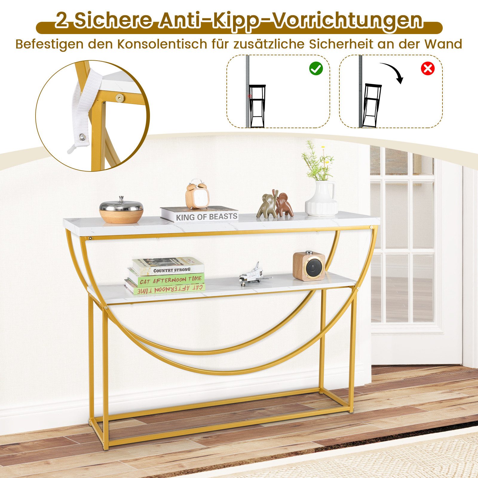 COSTWAY Konsolentisch, Konsolentisch schmal, Eingangstisch 120cm, Marmor, gold
