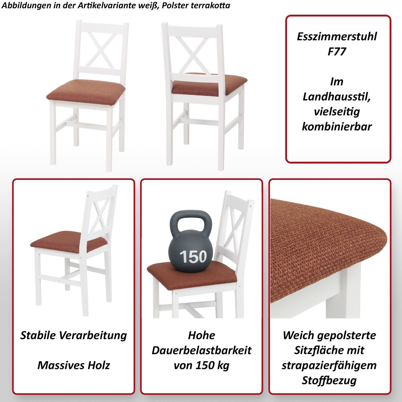 MCW Esszimmerstuhl MCW-F77-S4 (Set, 4 St), Stabile Konstruktion, Massives Holz