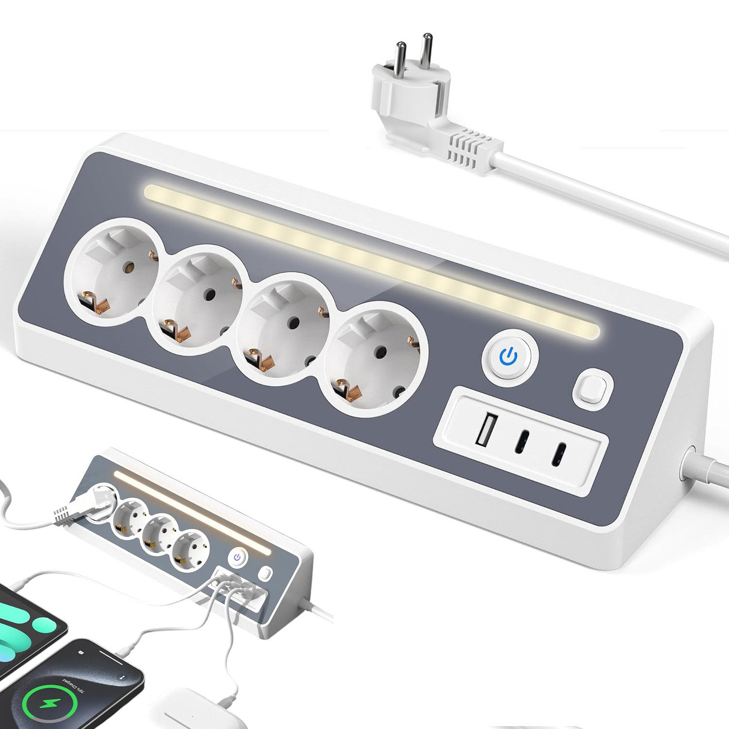 AKKEE Tischsteckdosenleiste, Eck-Steckdosenleiste Mehrfachsteckdose, 4 Fach Mehrfachsteckdose mit USB und 2 Type-C