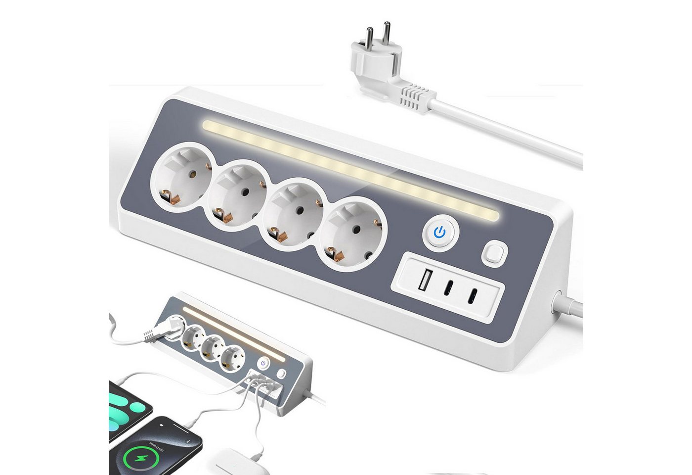 AKKEE Tischsteckdosenleiste, Eck-Steckdosenleiste Mehrfachsteckdose, 4 Fach Mehrfachsteckdose mit USB und 2 Type-C