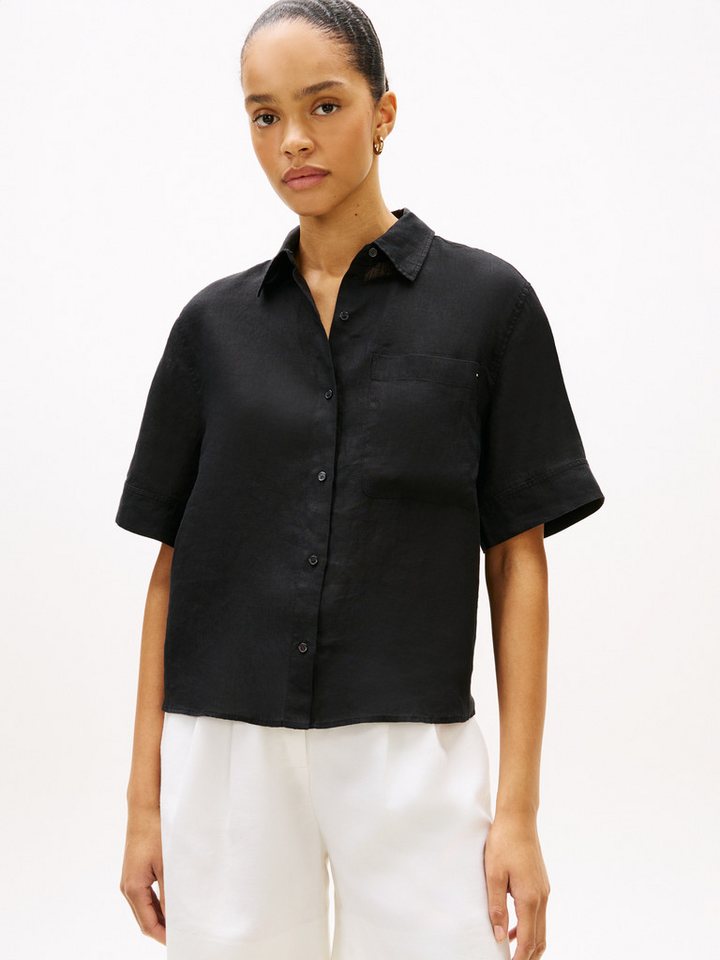Tommy Hilfiger Kurzarmbluse ESS LINEN SHORT SLEEVE SHIRT mit aufgesetzter Brusttasche und Flag-Stickerei, reines Leinen