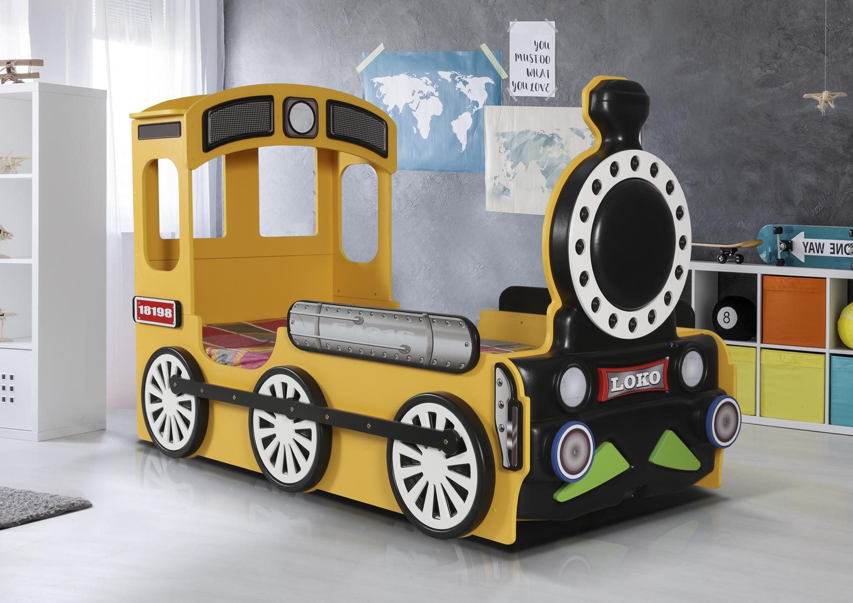 JVmoebel Kinderbett Eisenbahn Lokomotive Bett aus MDF in fröhlicher Gelbfarbe (1-tlg., Kinderbett), Made in Europa