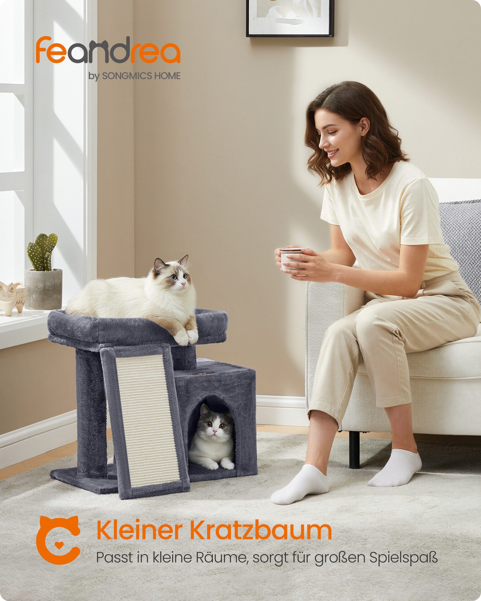 FEANDREA Kratzbaum Katzenbaum, Kratzsäulen und Rampe, mit Plattformen, Höhle, Korb und Plüschbällen