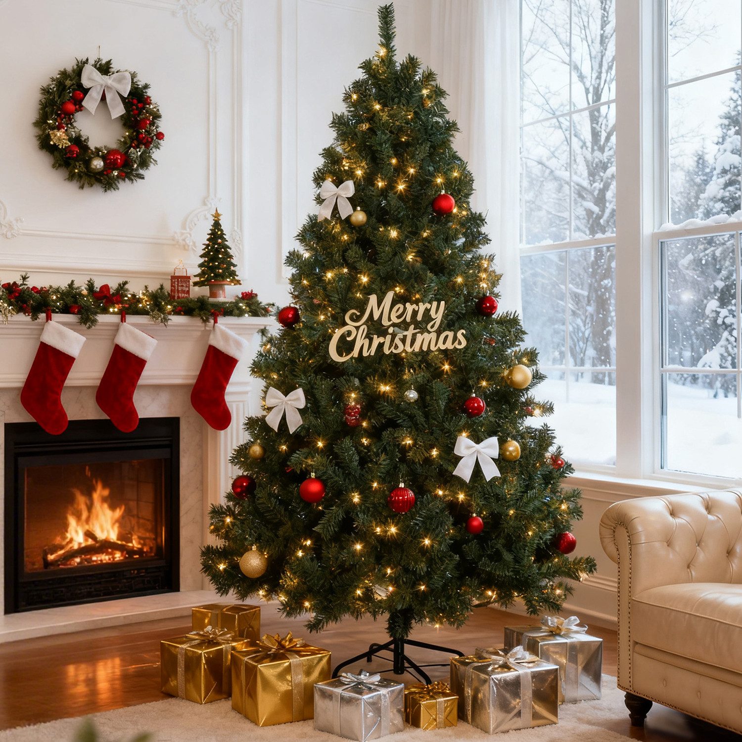 LETGOSPT Künstlicher Weihnachtsbaum Luxuriöser Künstlicher Weihnachtsbaum – Voll, Stabil & Edles Design, 180 cm Baum mit 1100 Zweigen & Warmweißer 250er LED-Lichterkette, Sofort Beleuchtet – Perfekte Premium-Atmosphäre