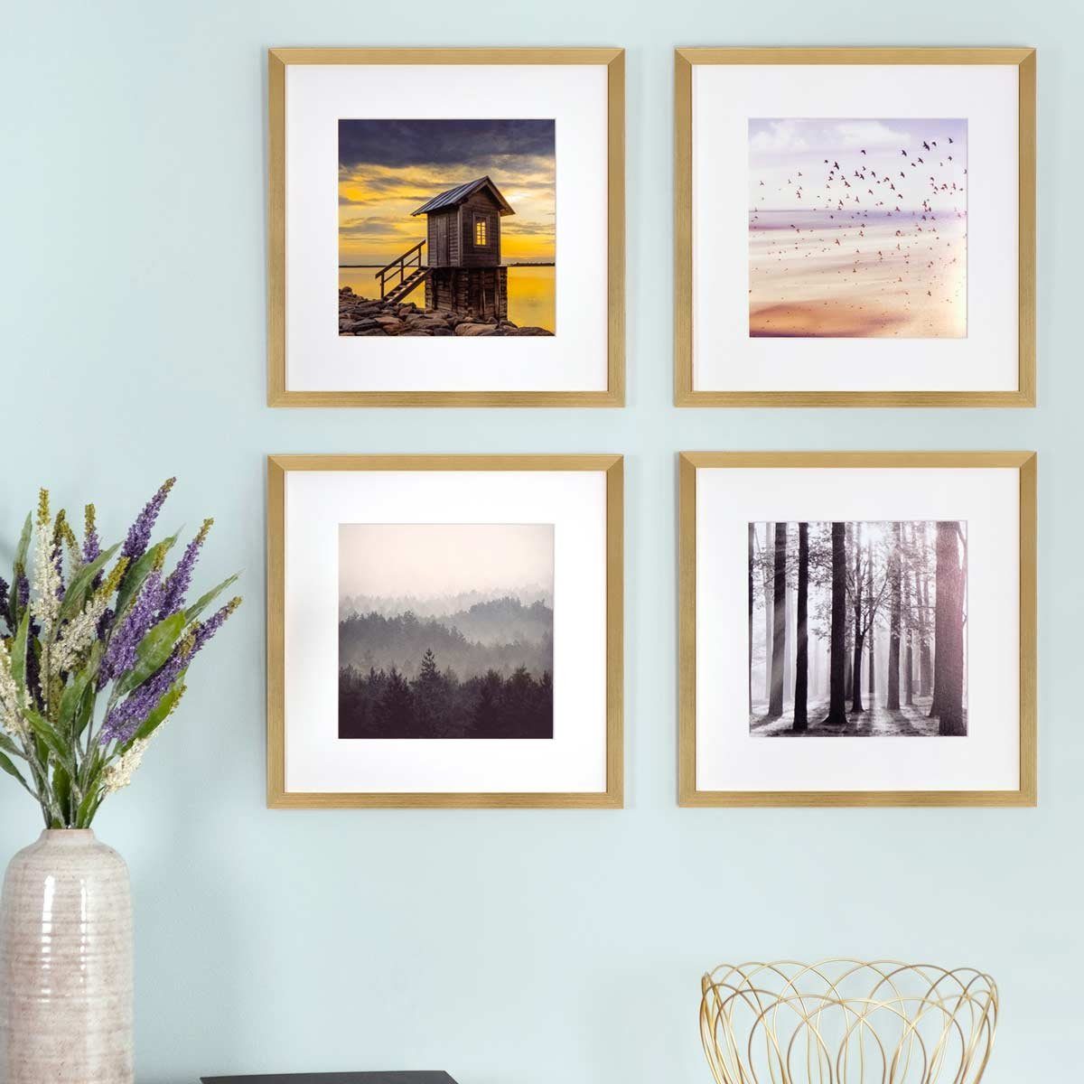 PHOTOLINI Bilderrahmen Sets quadratisch 30x30 cm aus MDF Holz mit Acrylglas & Zubehör, für 4 Bilder (4er Set), 4er Set Gold mit Passepartouts für Bilder in 20x20 cm