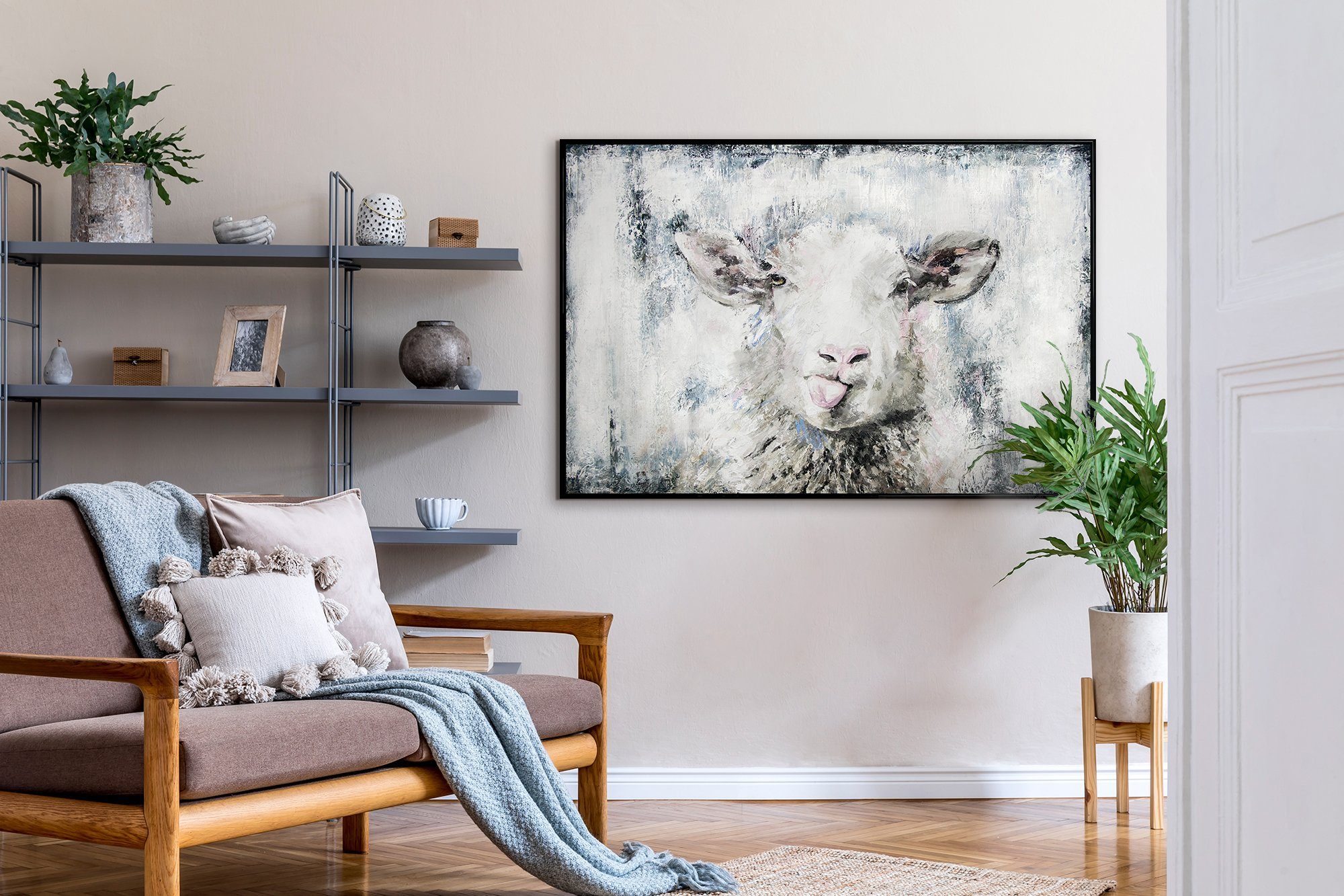 Rosa Blau Glückliches Tiere, Gemälde Schaf, Mit Bild Handgemalt in YS-Art Rahmen Schwarz Leinwand Schwarz Tier