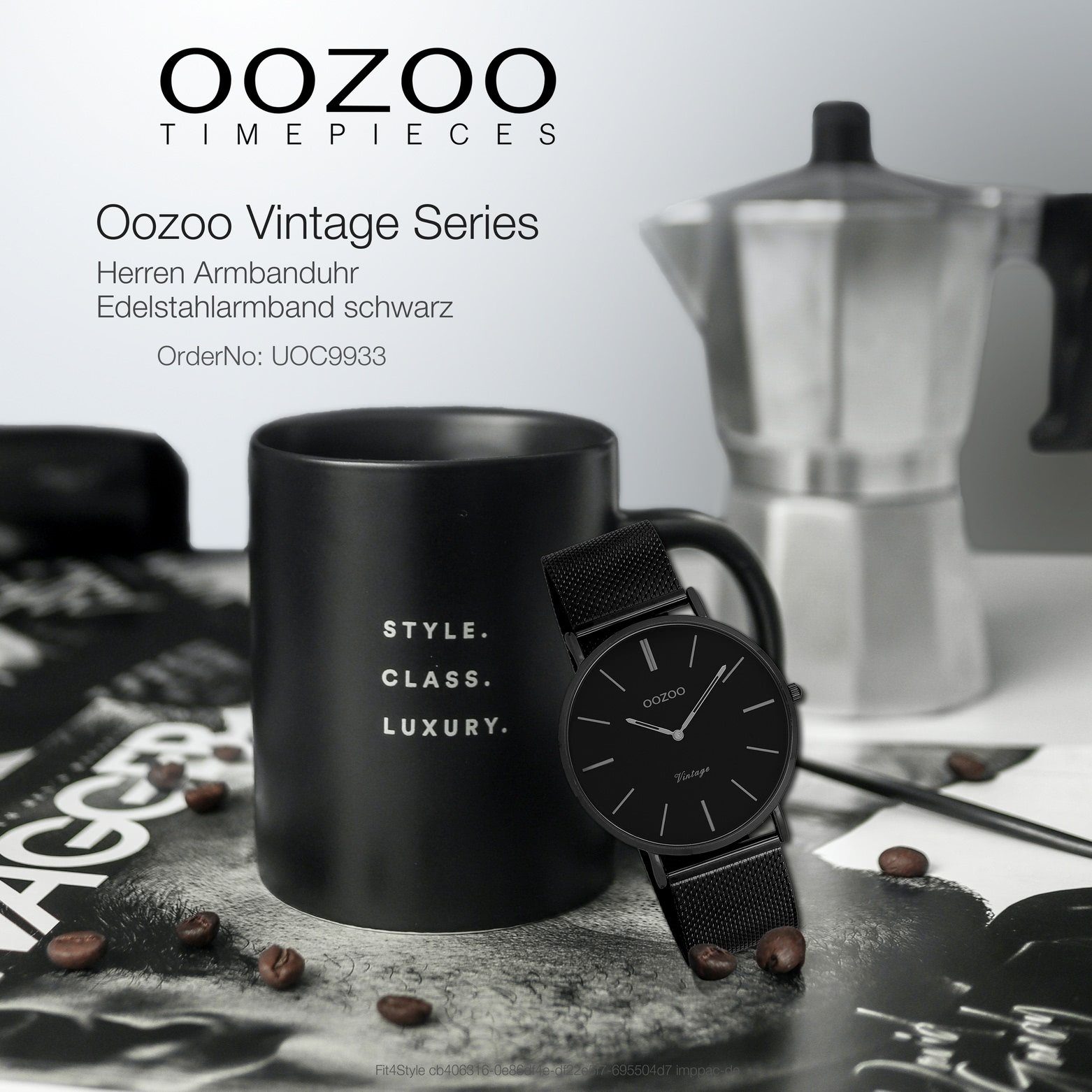 Fashion-Style rund, OOZOO groß Quarzuhr Oozoo 40mm) Edelstahlarmband, schwarz, (ca. Herren-Uhr Herrenuhr