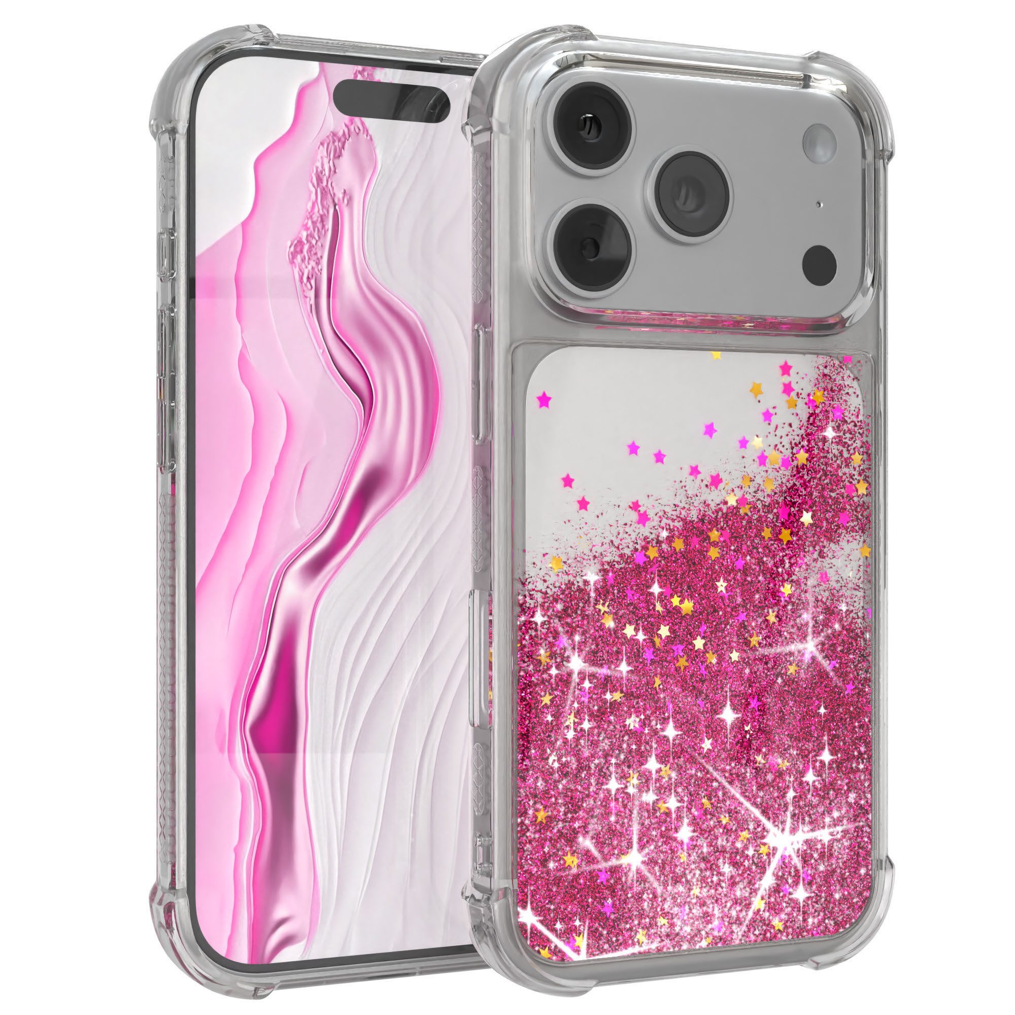 EAZY CASE Handyhülle Liquid Glittery Case für Apple iPhone 17 Pro 6,3 Zoll, Glitzerhülle Shiny Slimcover stoßfest Durchsichtig Bumper Case Pink