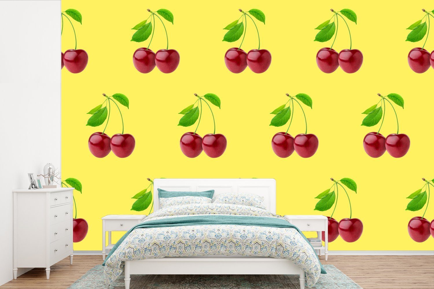 Wohnzimmer, bedruckt, Muster, Tapete Kirschen Wallpaper Rot für Kinderzimmer, Schlafzimmer, - MuchoWow Fototapete Matt, St), - (6 Vinyl