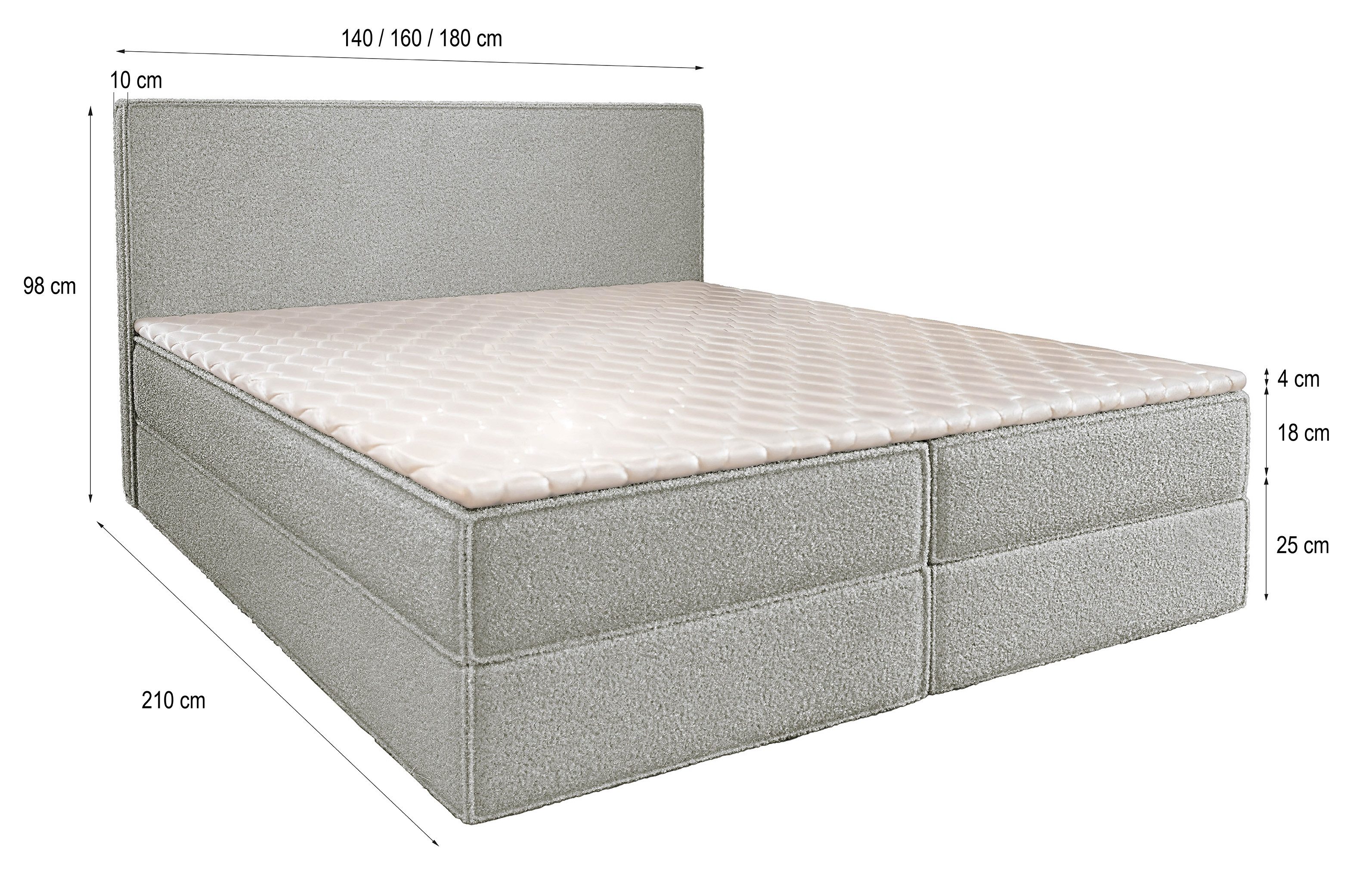 Masseno Boxbett PELLIO 140x200 cm mit Bonell Matratze und Topper, Doppelbett, Polsterbett mit Kopfteil, Boxspringbett – Bild 5 von 5