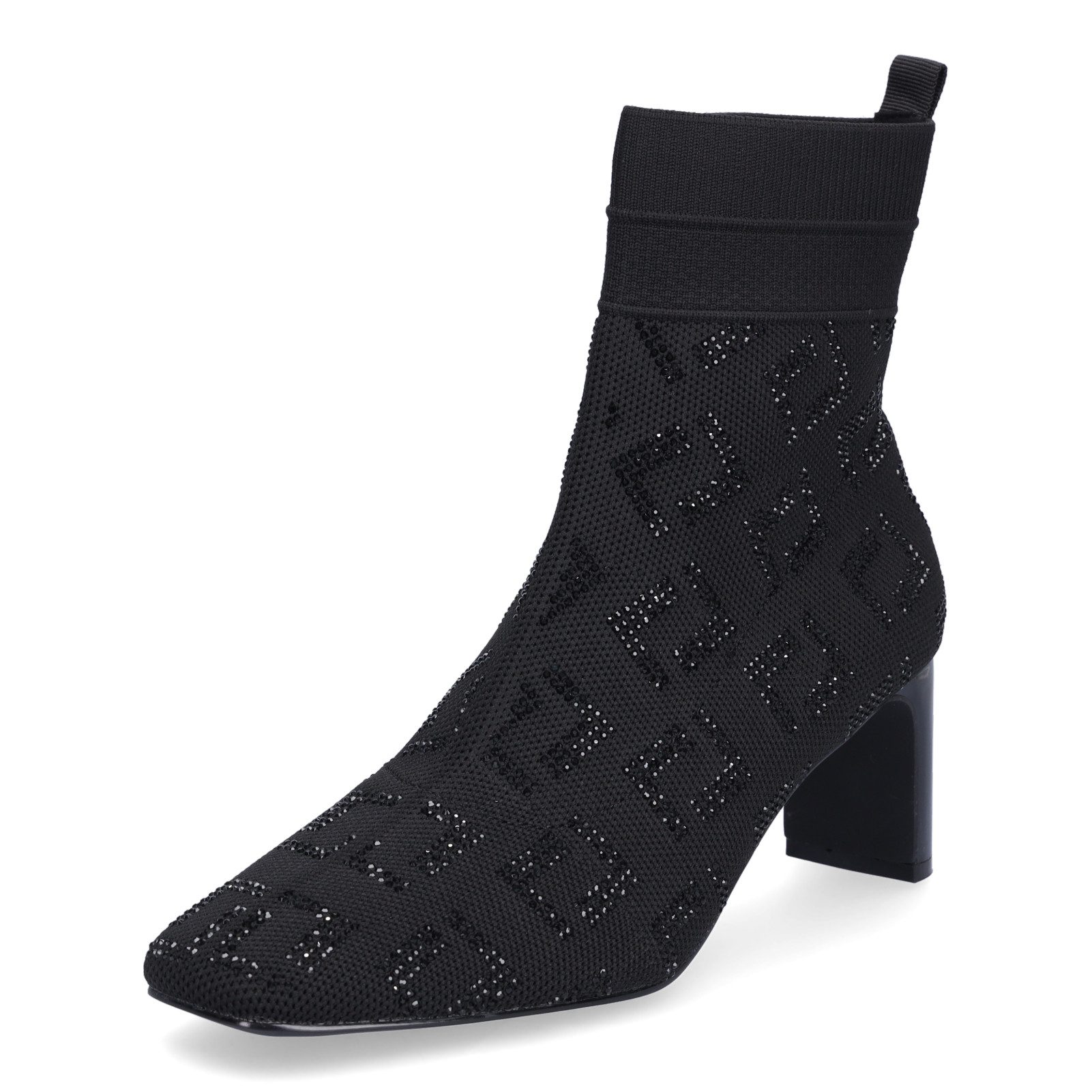 MIDS MELODY Damen Stiefelette Slip-on Sock in Schwarz mit Strassmuster & glänzendem Blockabsatz