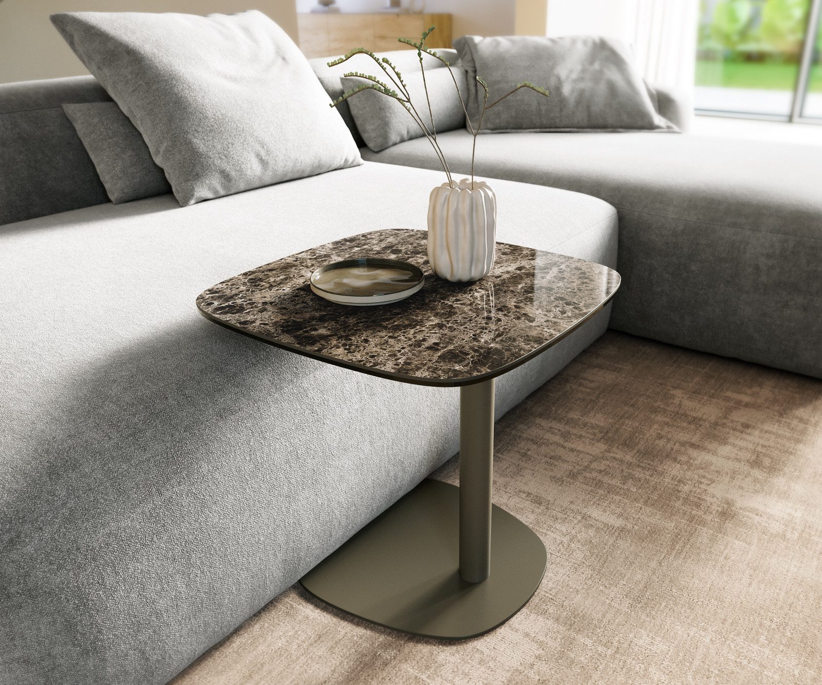 DELIFE Couchtisch Edge, Boot 50x50 cm Keramik Emperador Extra Lucidato Dunkelbraun Eleny Metal