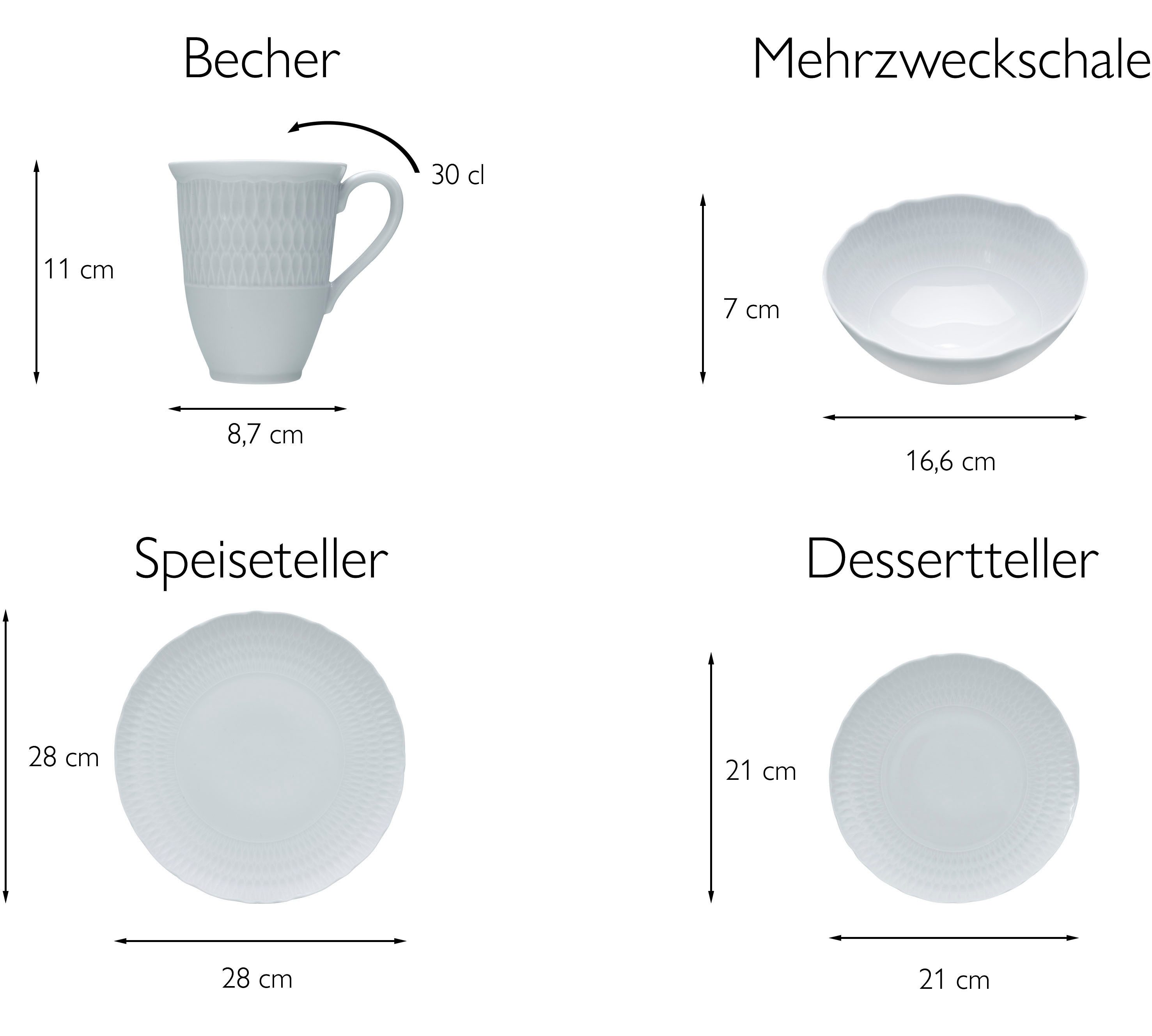CreaTable Kombiservice Geschirr-Set Sofia (8-tlg), 2 Personen, Porzellan, Service, klassisch elegantes Relief, 8 Teile, für 2 Personen