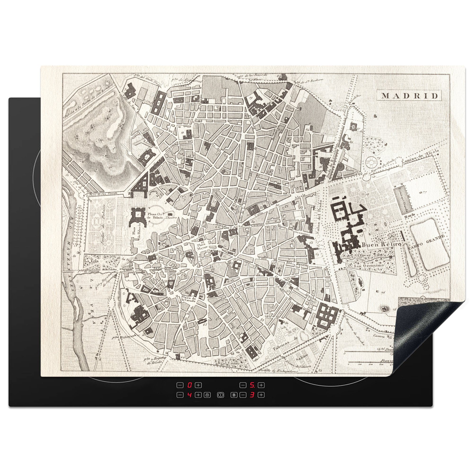 MuchoWow Herdblende-/Abdeckplatte Antike Illustration einer Karte von Madrid, Vinyl, (1 tlg), 70x52 cm, Mobile Arbeitsfläche nutzbar, Ceranfeldabdeckung