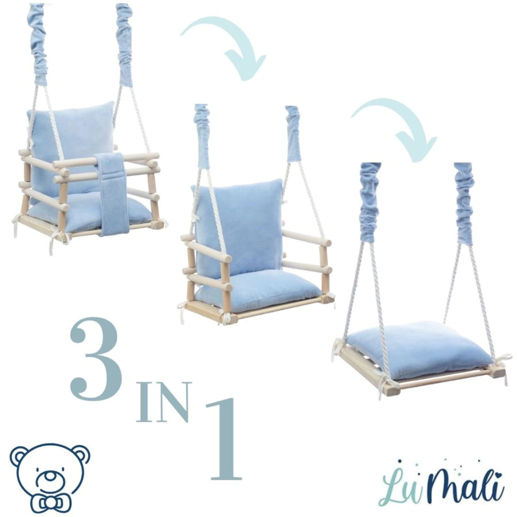LuMali Babyschaukel Babyschaukel 3in1 Holz Sicherheitsgurt drinnen draußen 34x34x28cm, Kinderschaukel Naturholz Kiefer weich verstellbar 6-36 Monate