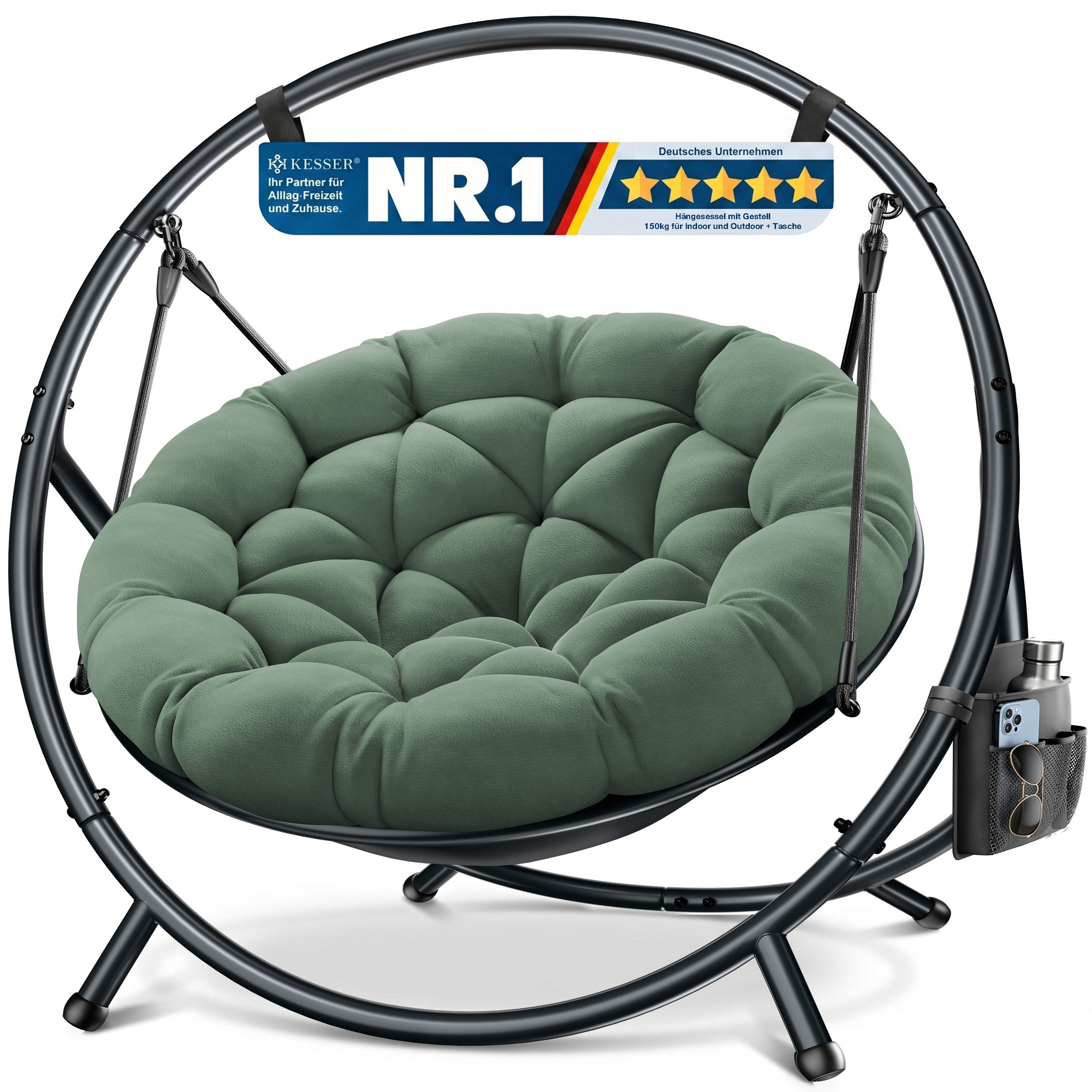 KESSER Hängesessel Bali Hängesessel mit Gestell Hängeschaukel Hängestuhl bis 150kg (mit Wipp Funktion, Kissen & Seitentasche), Hängekorb Stahlgestell Schaumstoff Sitzpolster für Wohnzimmer & Garten