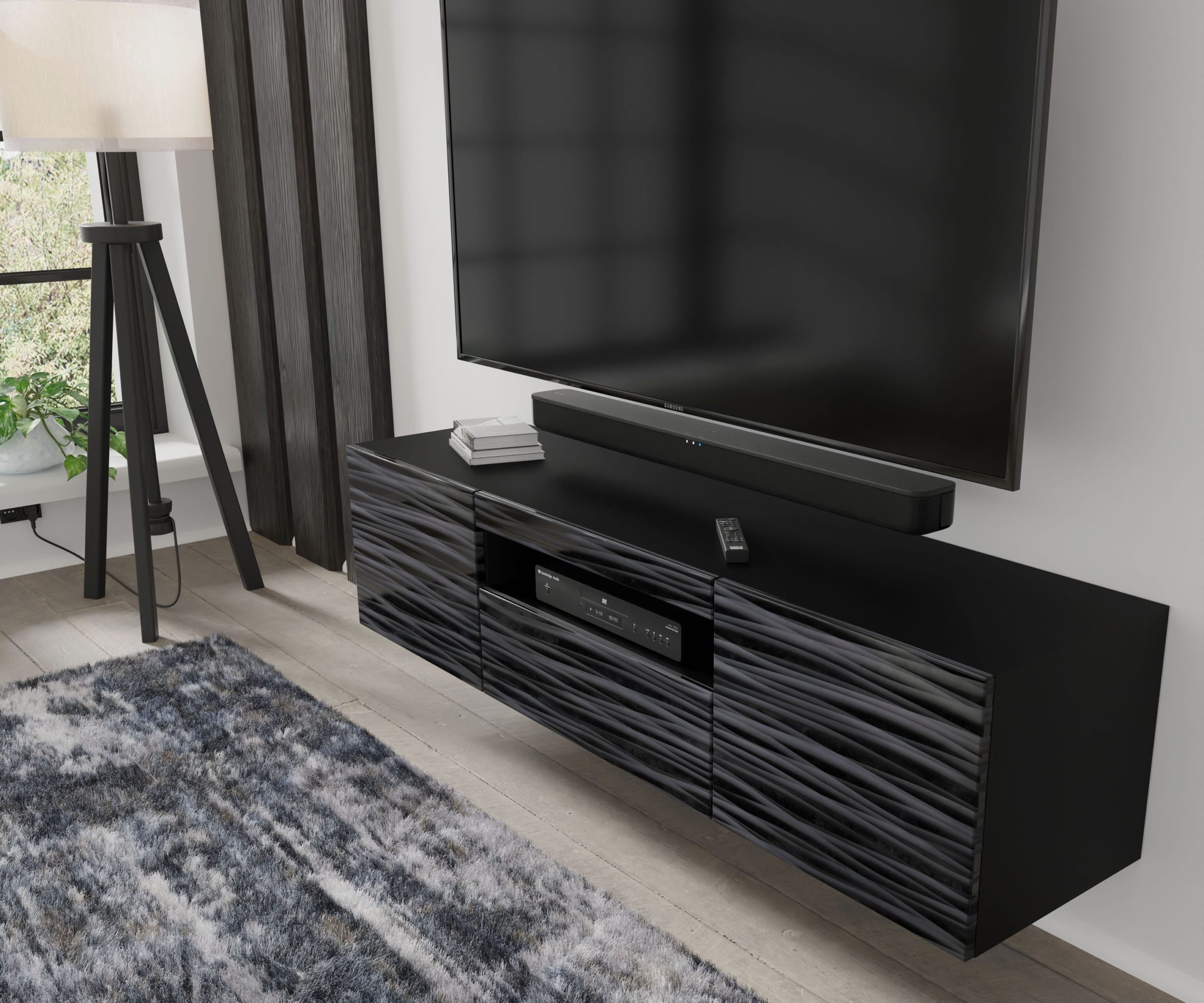 Raumhirsch Furniture Lowboard TV Schrank, RTV Möbel, Wohnmöbel (Maße 150 x 37 x 42/36 (H) cm, 3 Fächer), Hängend oder stehend, Offene Ablage