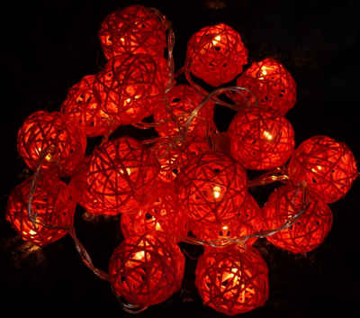 Guru-Shop LED-Lichterkette Rattan Ball LED Kugel Lampion Lichterkette - rot