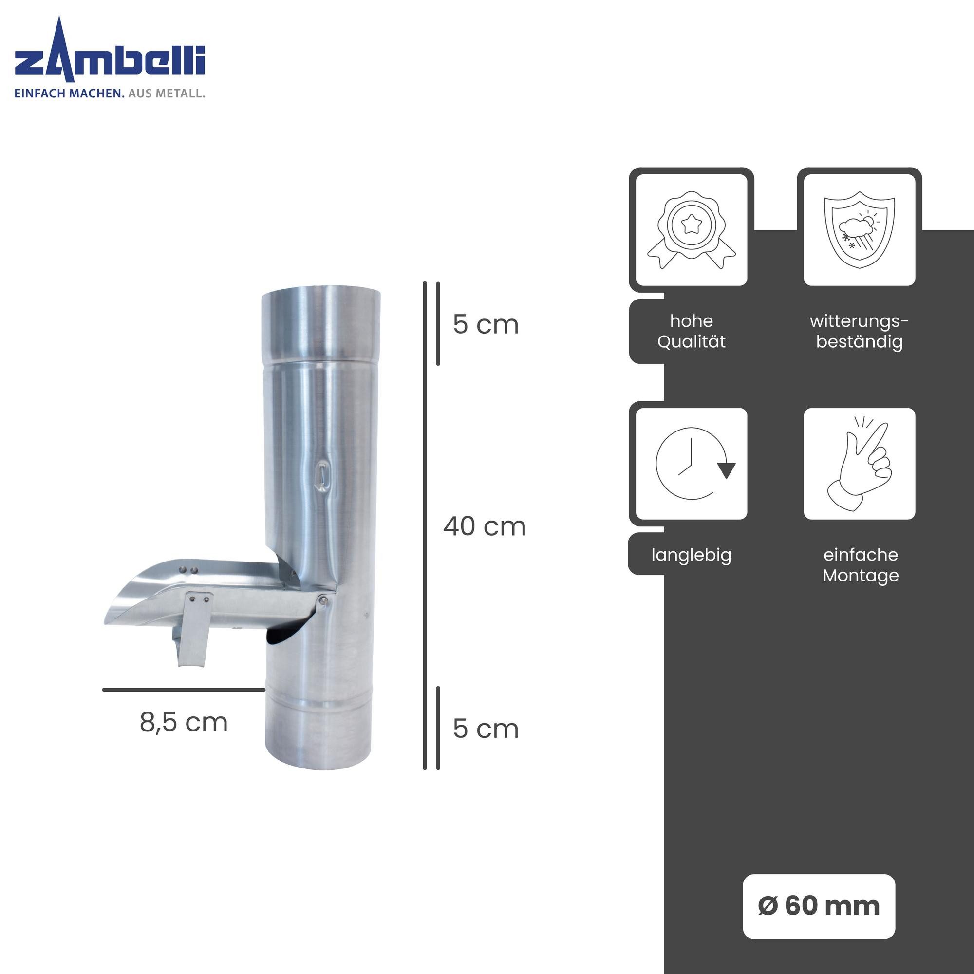 Zambelli Regenfallrohr, (Regenrohrklappe, Regenwasserklappe ohne Sieb 60mm Silber), Regenwasser Fallrohr Klappe, korrosionsbeständig, aus Titanzink