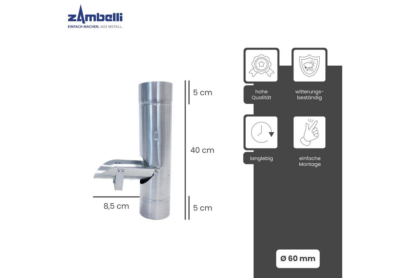 Thumbnail - Zambelli Regenfallrohr, (Regenrohrklappe, Regenwasserklappe ohne Sieb 60mm Silber), Regenwasser Fallrohr Klappe, korrosi...