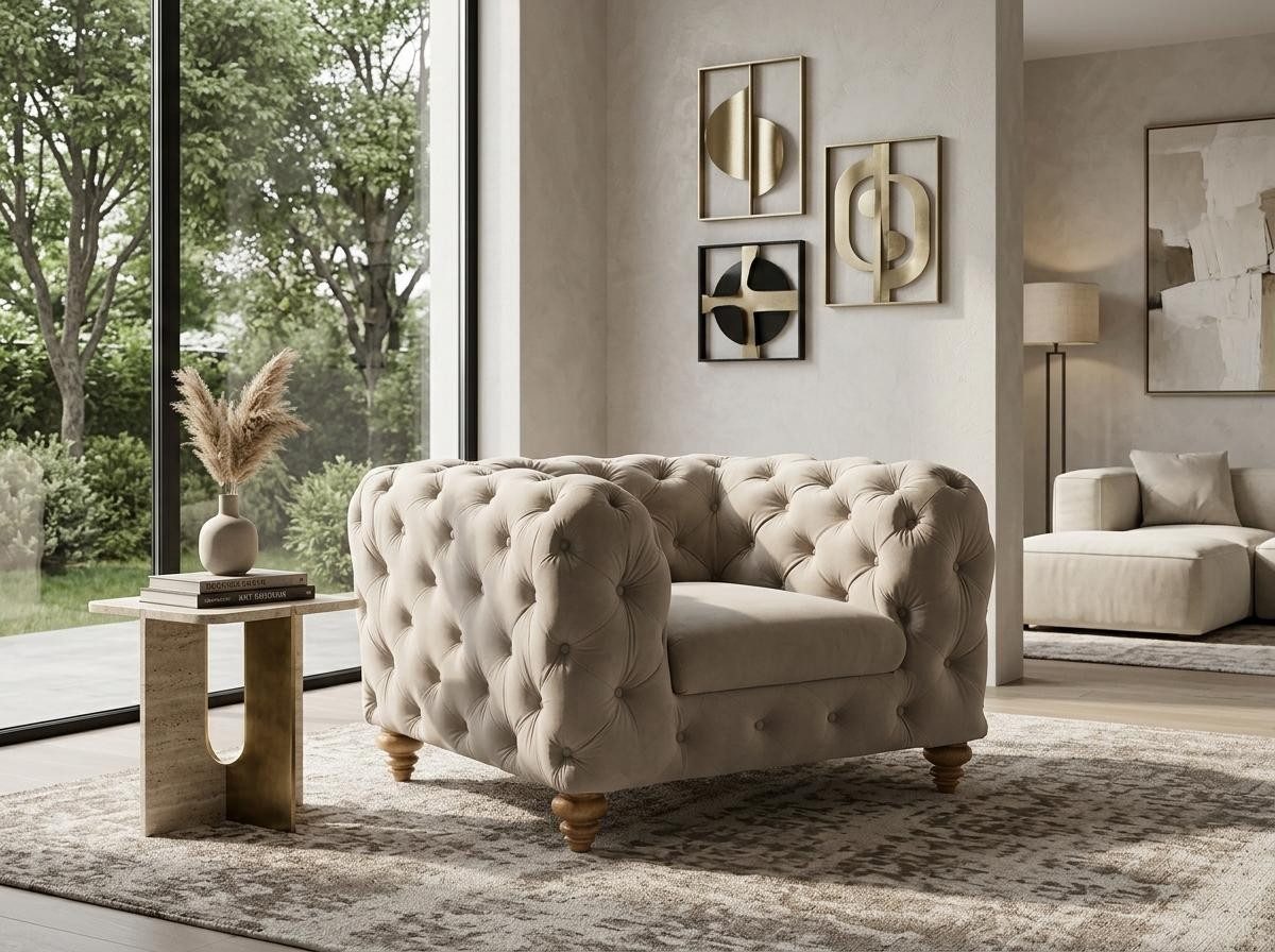 JVmoebel Chesterfield-Sessel Beiger Chesterfield Sessel Kapitonierung Designer-Sessel Stoff (1-St), Made in Europa