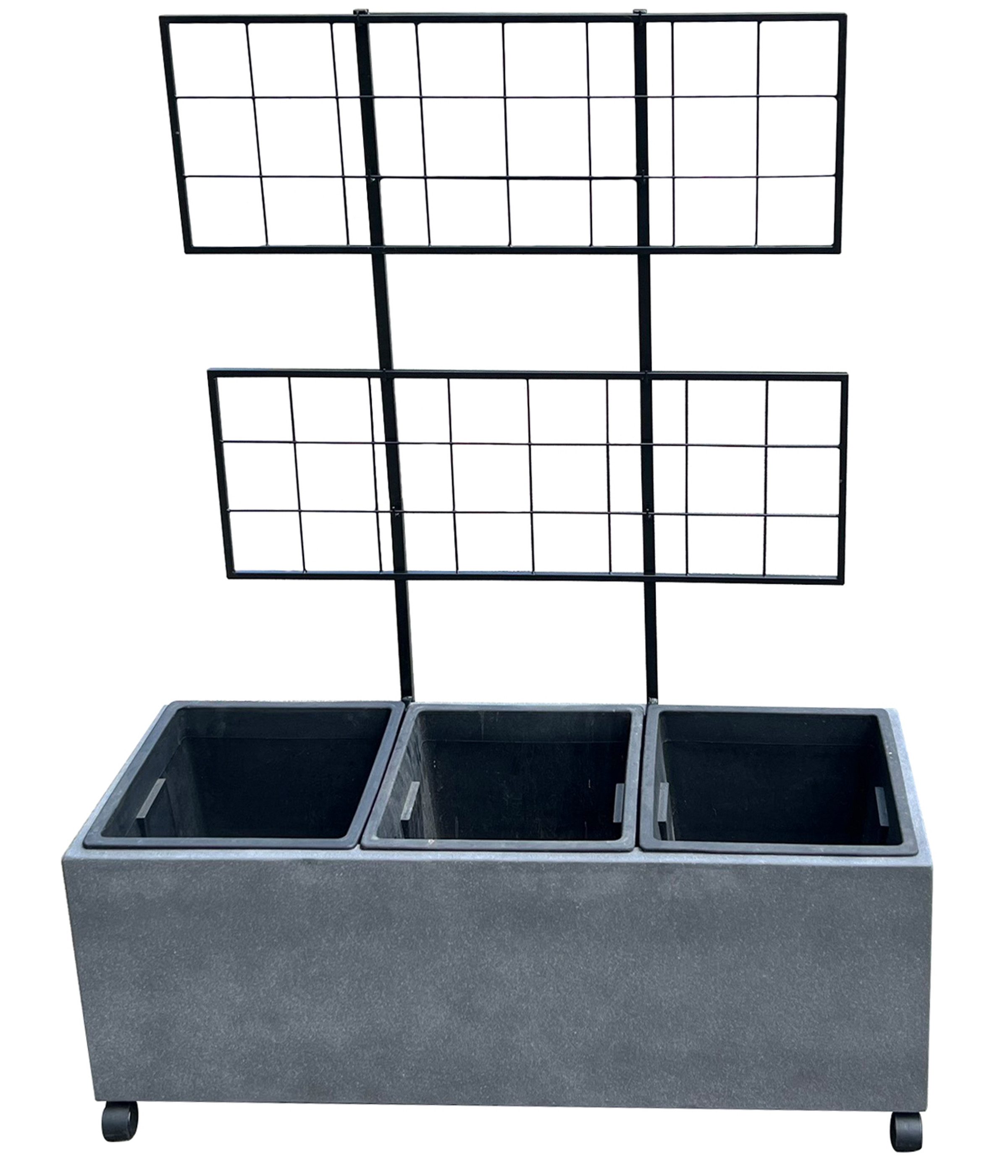 Dehner Blumentopf Milano, ca. 100 x 130 x 35 cm, Rollen/3 Pflanzeinsätzen, Pflanzkasten frostbeständig / UV-beständig / wetterfest, Leichtbeton