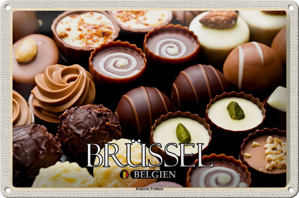 Femer GmbH Metallschild Reise 30x20cm Brüssel Belgien Belgische Pralinen, (1 St), gewölbte Oberfläche, abgerundete Ecken, umgeschlagene Kanten