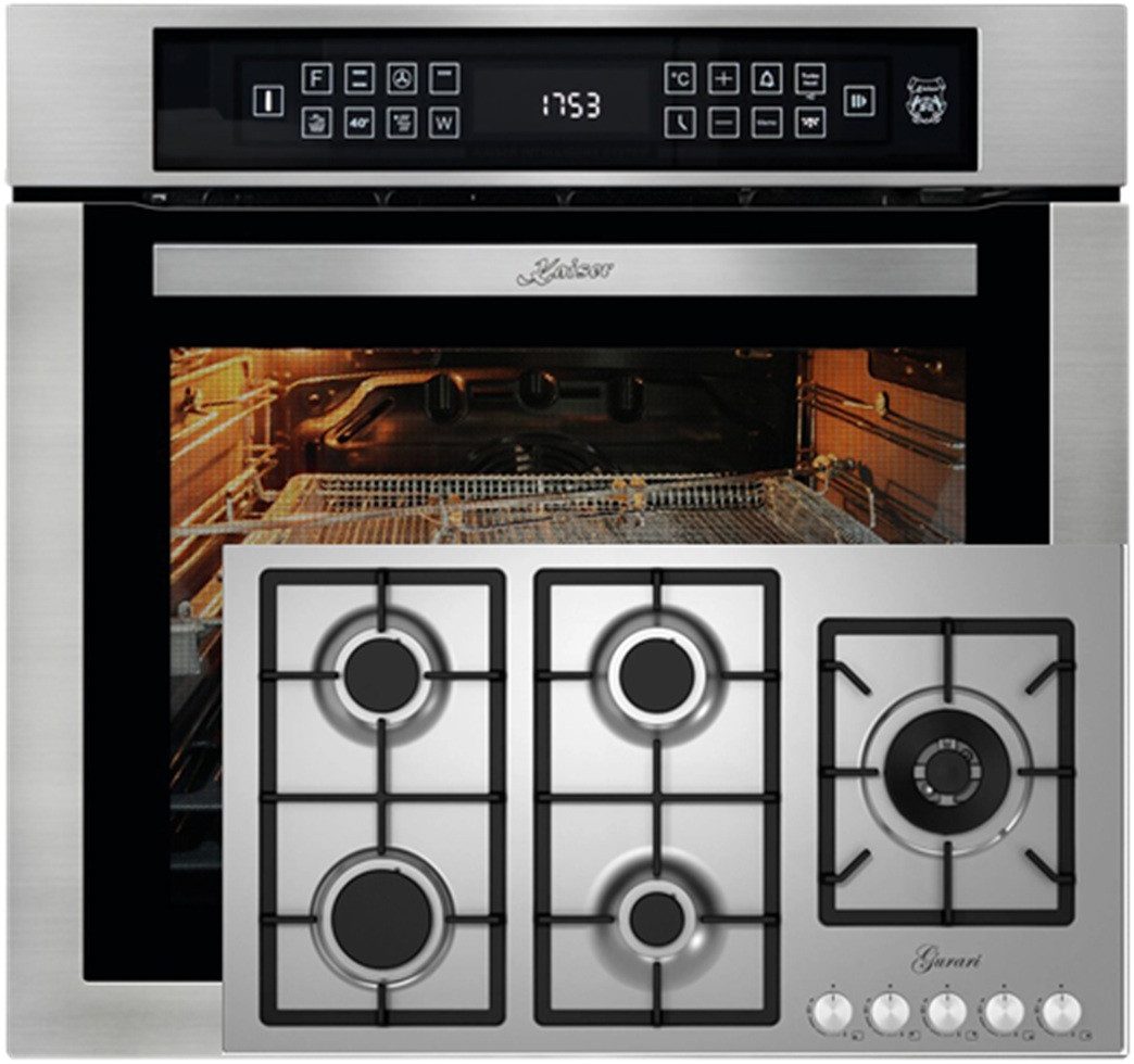 Kaiser Küchengeräte Backofen-Set Herd Set Autrak Einbaubackofen,Edelstahl,79L 15 Fkt., 60 cm+Gas-Kochfeld 90 cm, Edelstahl, 4,0 KW WOK, 5 Gasbrenner,Erdgas, FL.Gas EH 6306 R+FQ 905, mit 1-fach-Teleskopauszug